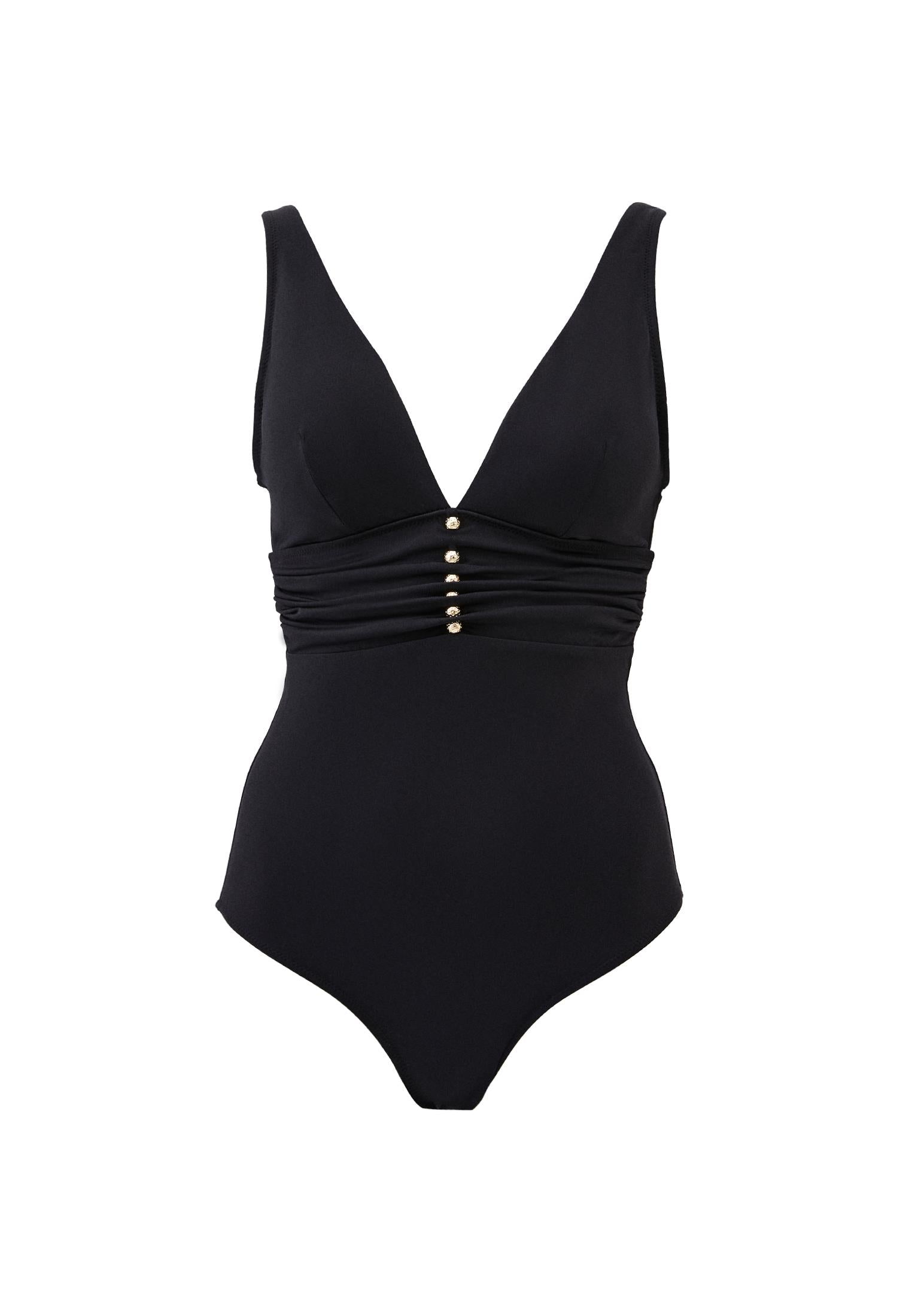 Strappy Deep V Neck Swimsuit - BLACK