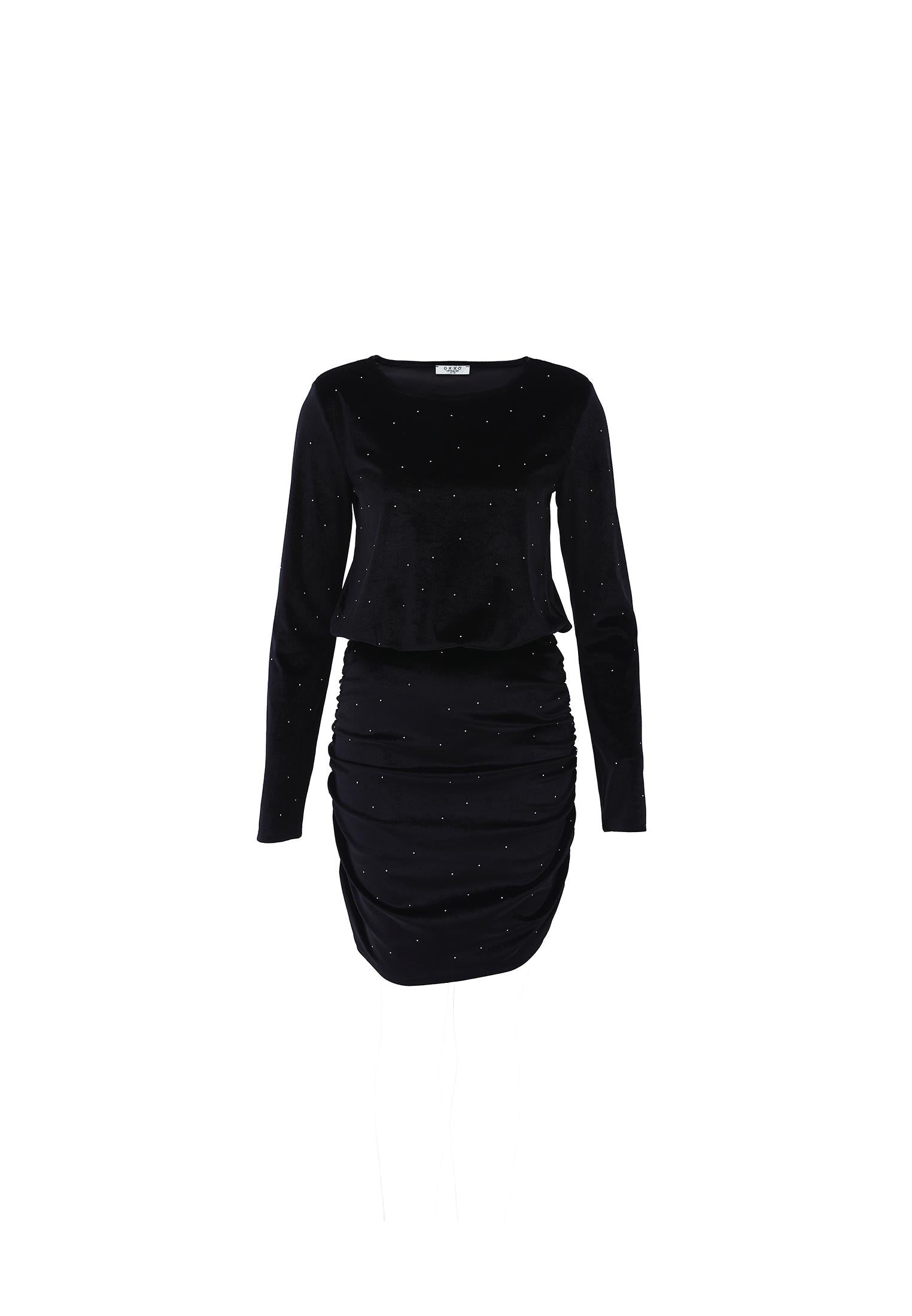 Short Dress With Ruched Crew Neck - BLACK
