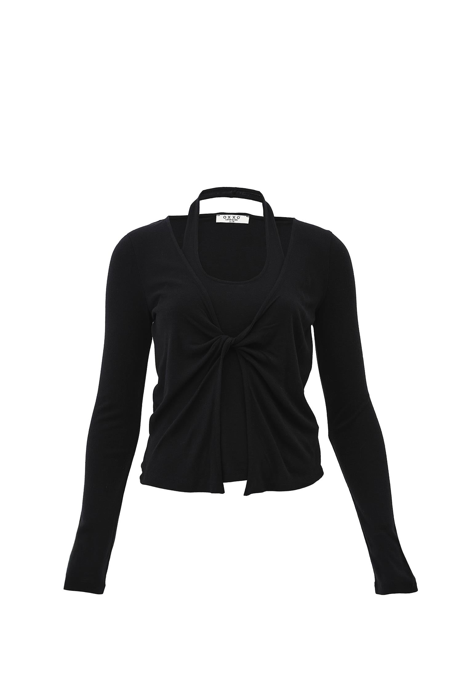 V Neck Long Sleeve T-Shirt - BLACK