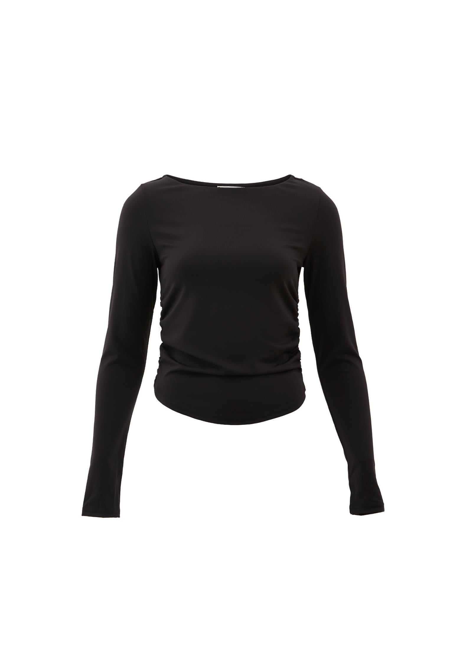 Boat Neck Long Sleeve Bodycon T-Shirt - BLACK