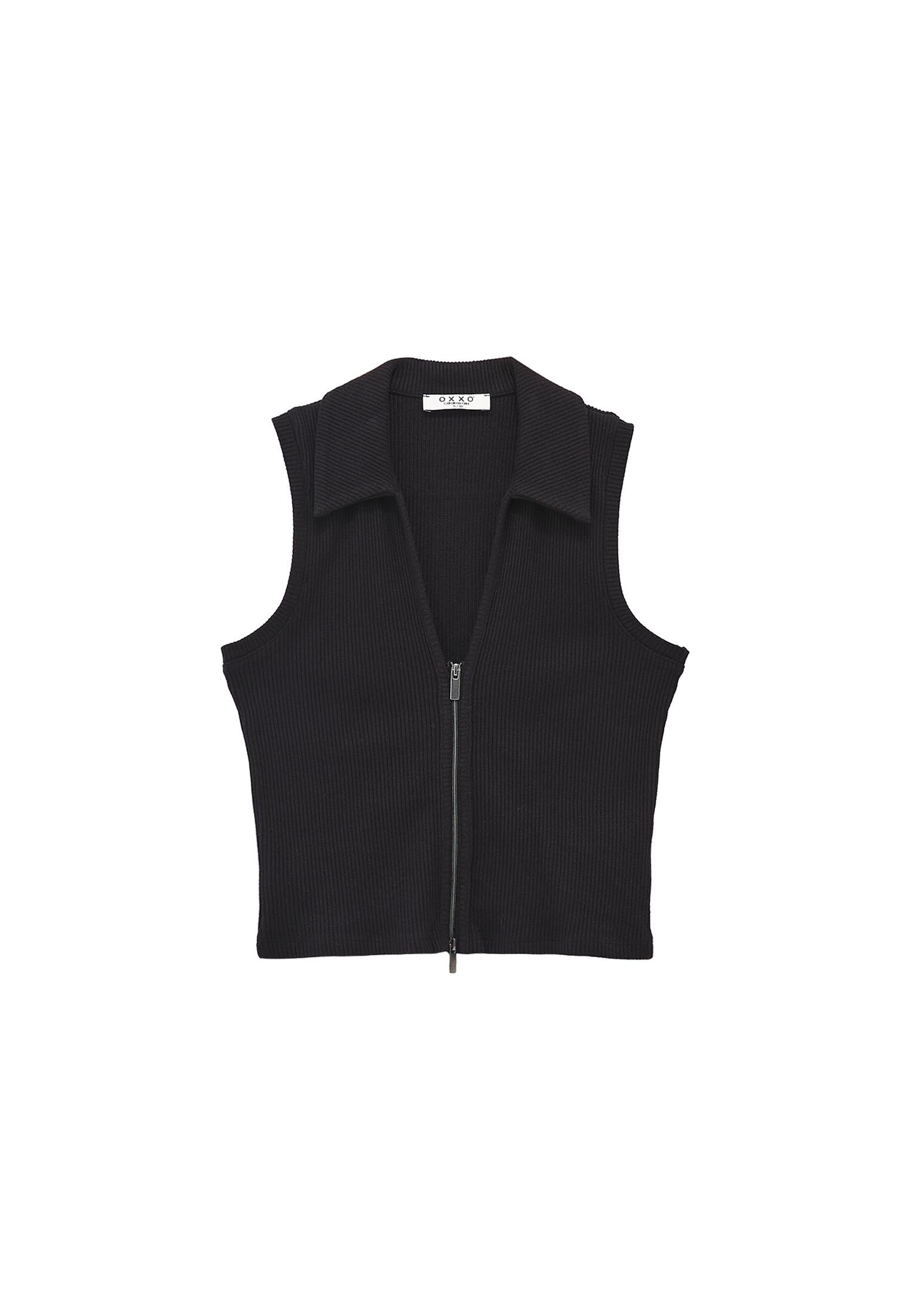 Polo Collar Zip Detailed Tank Top - BLACK