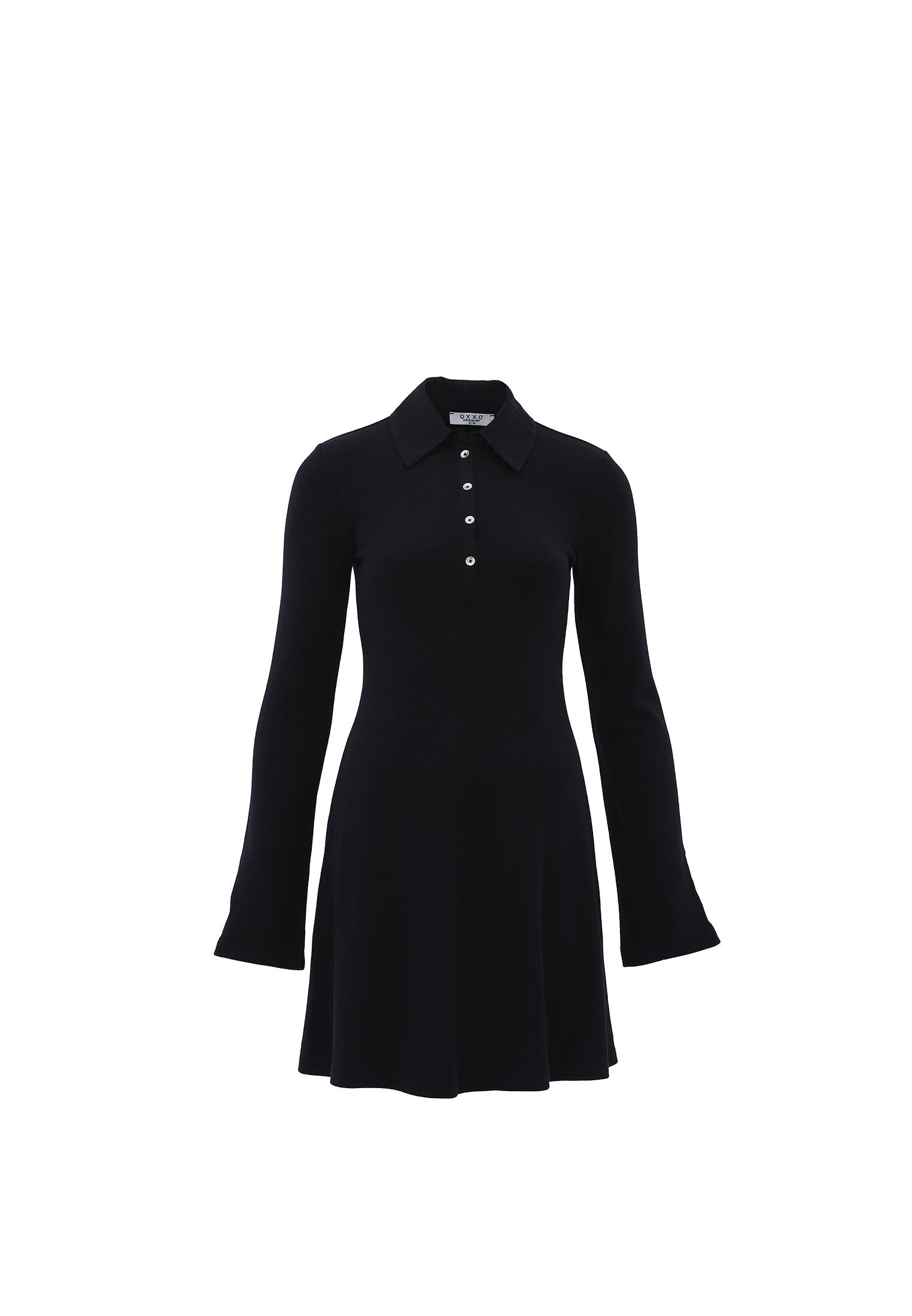 Polo Neck Long Sleeve Short Dress - BLACK