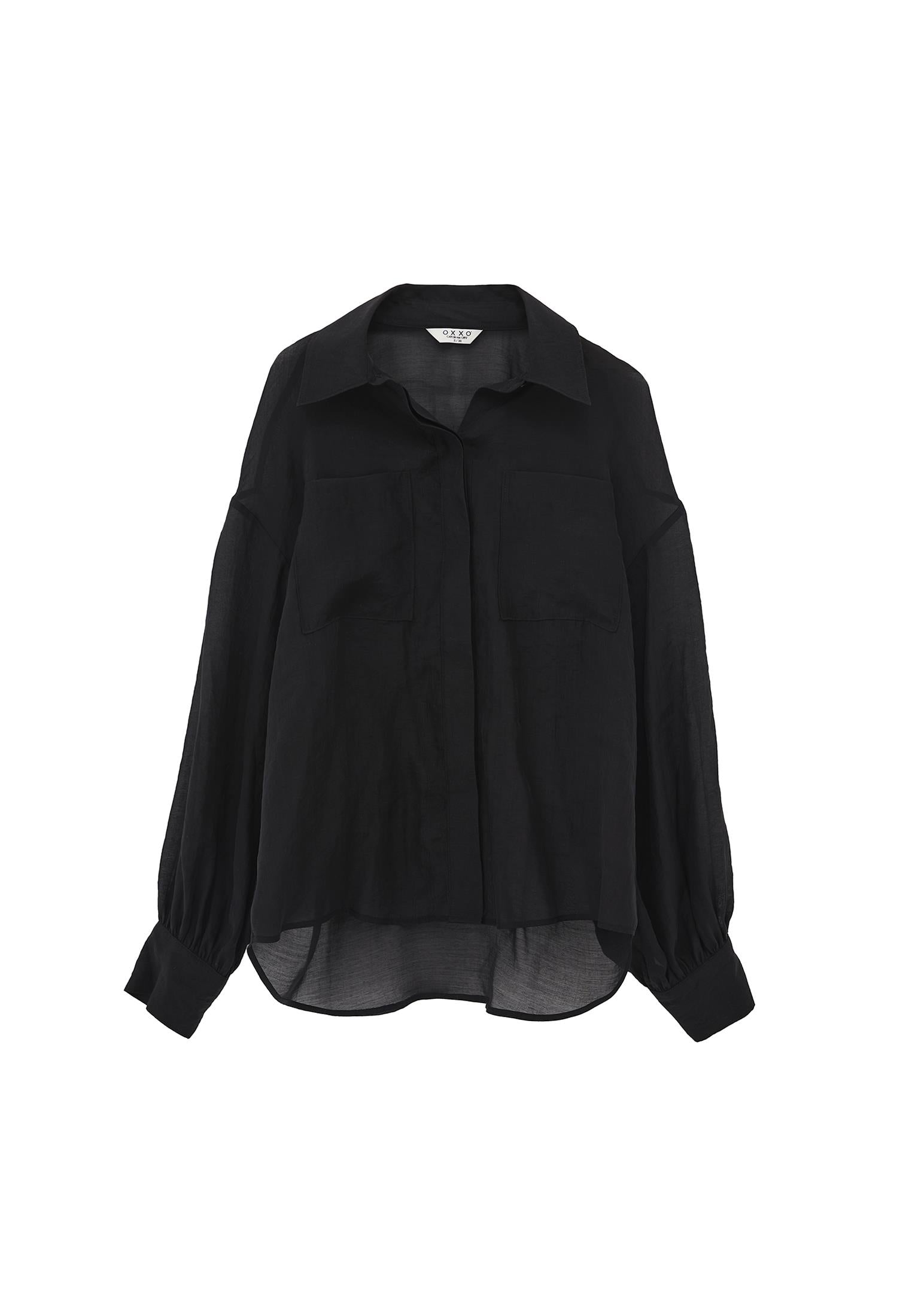 Loose Shirt With Balloon Sleeves And Pocket Detail - BLACK