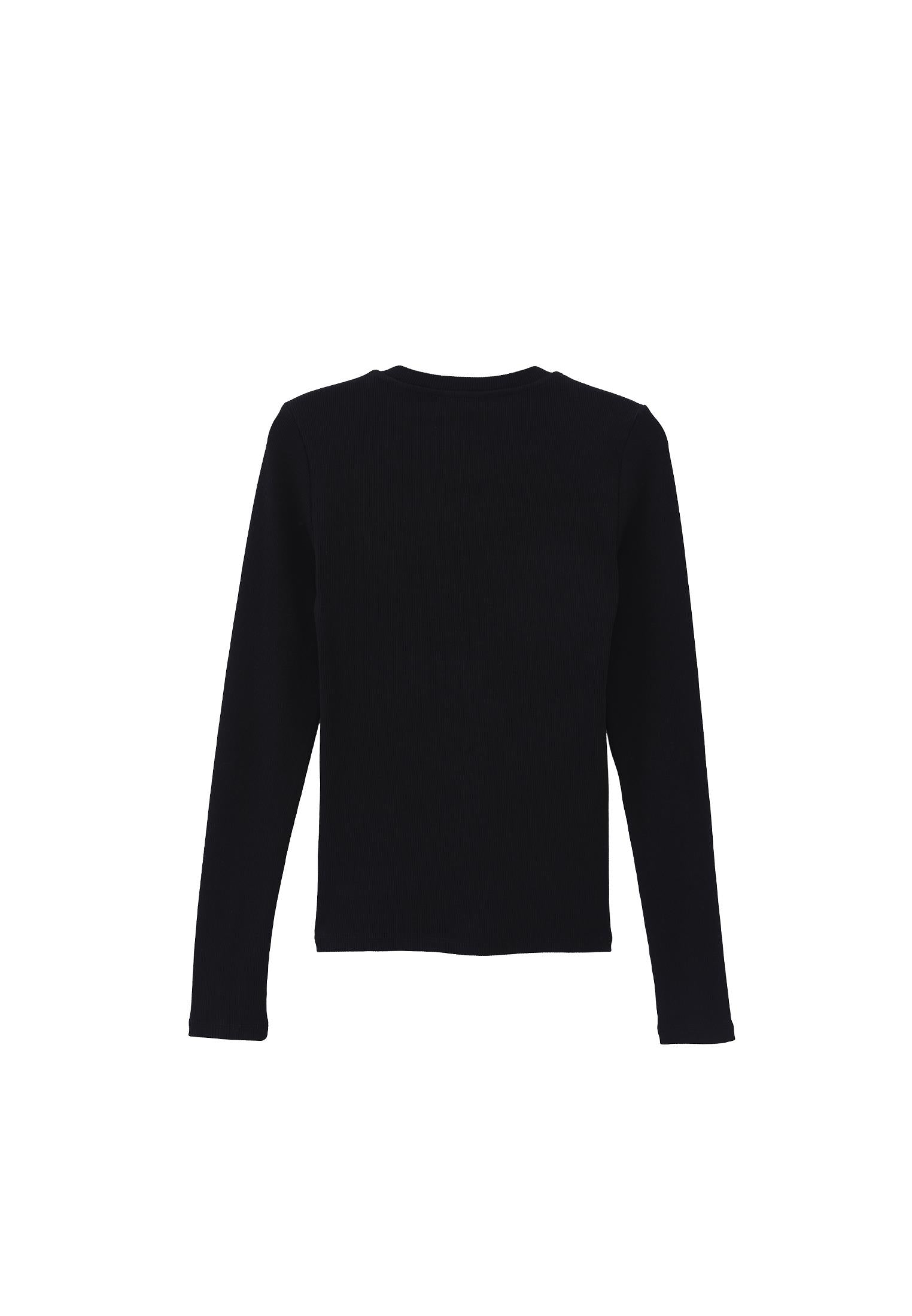 Ribbed Fabric Long Sleeve T-Shirt Crew Neck - BLACK