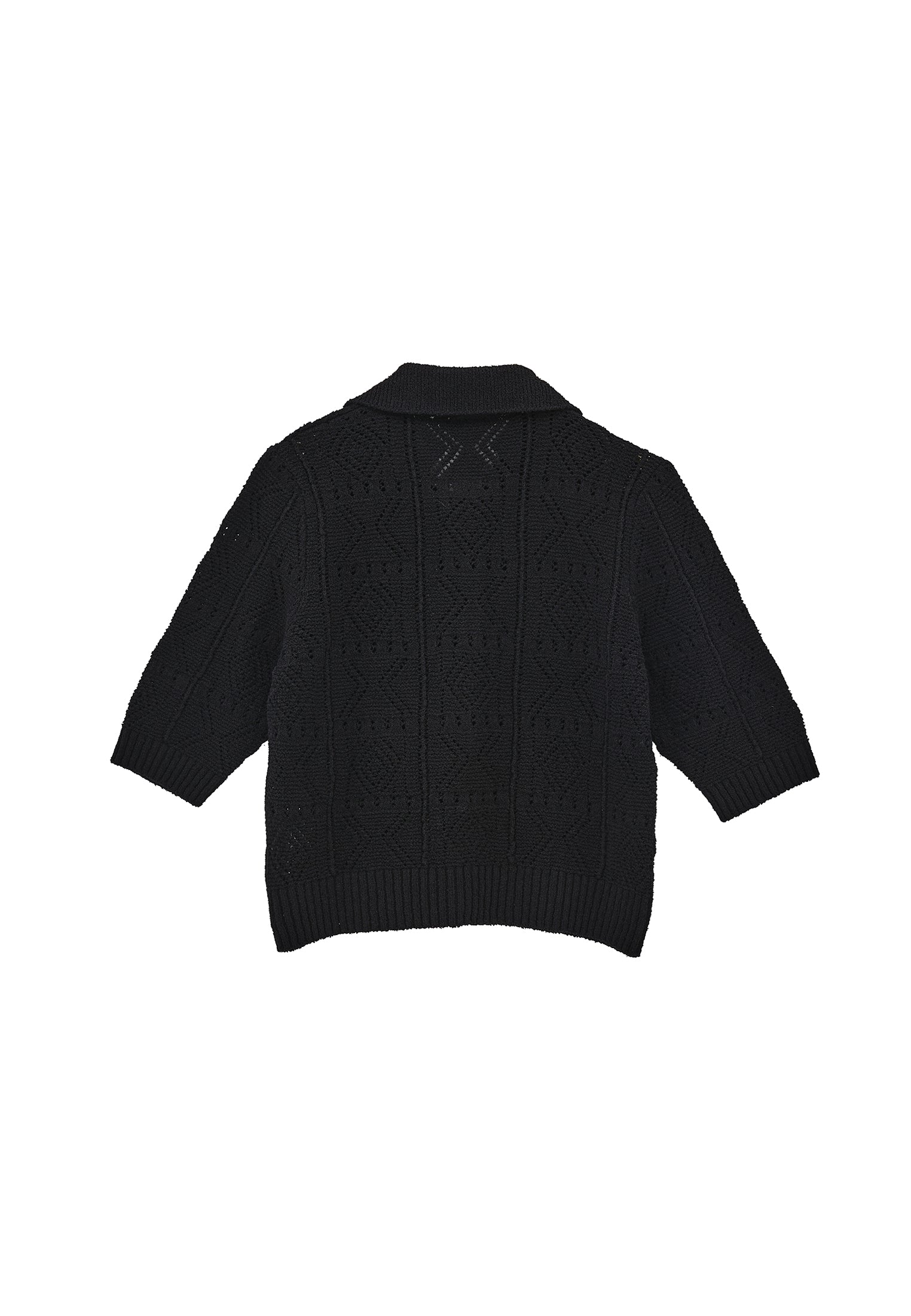 Ajour Short Cardigan With Polo Collar - BLACK