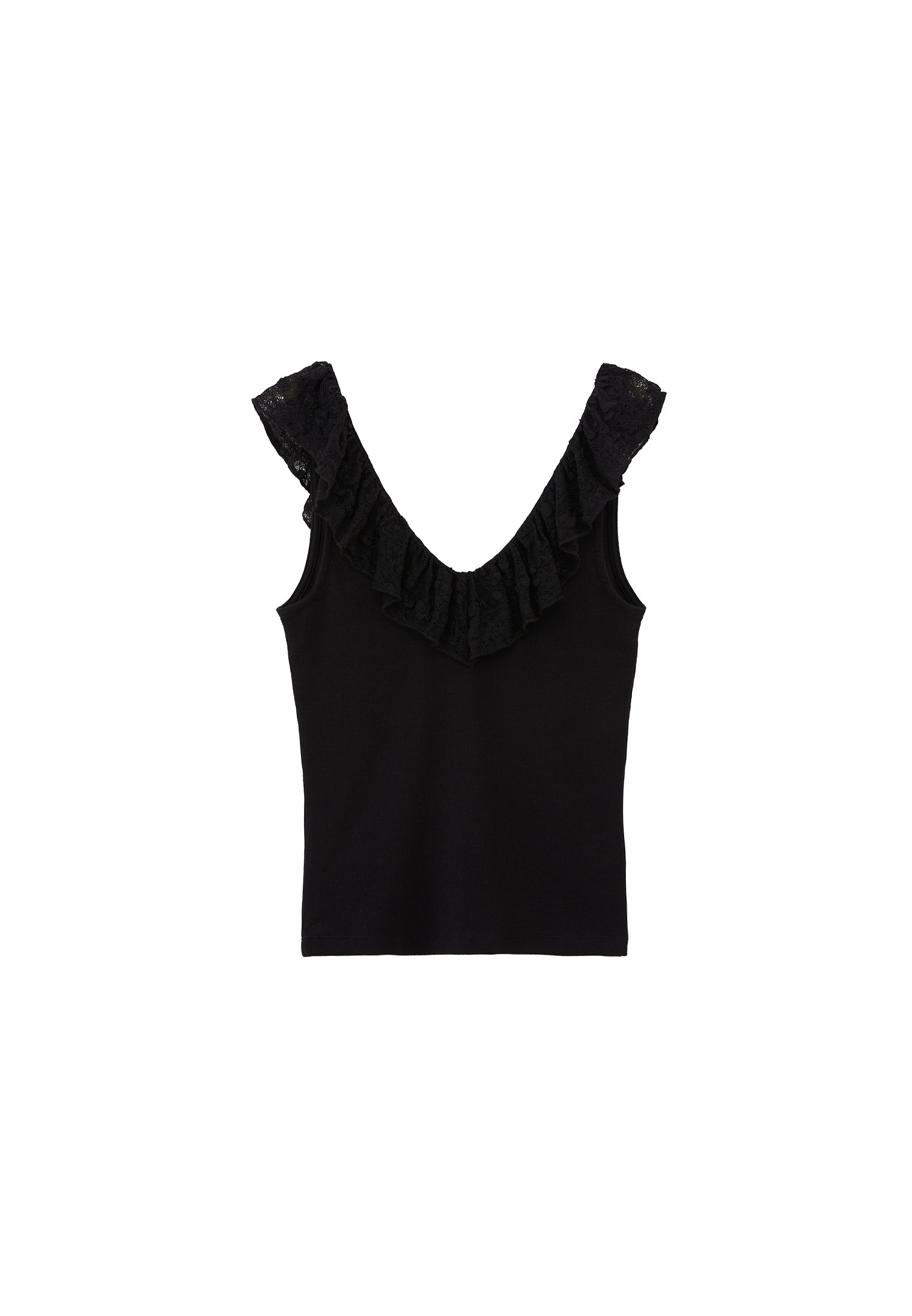 V Neck Frilled Tank Top - BLACK