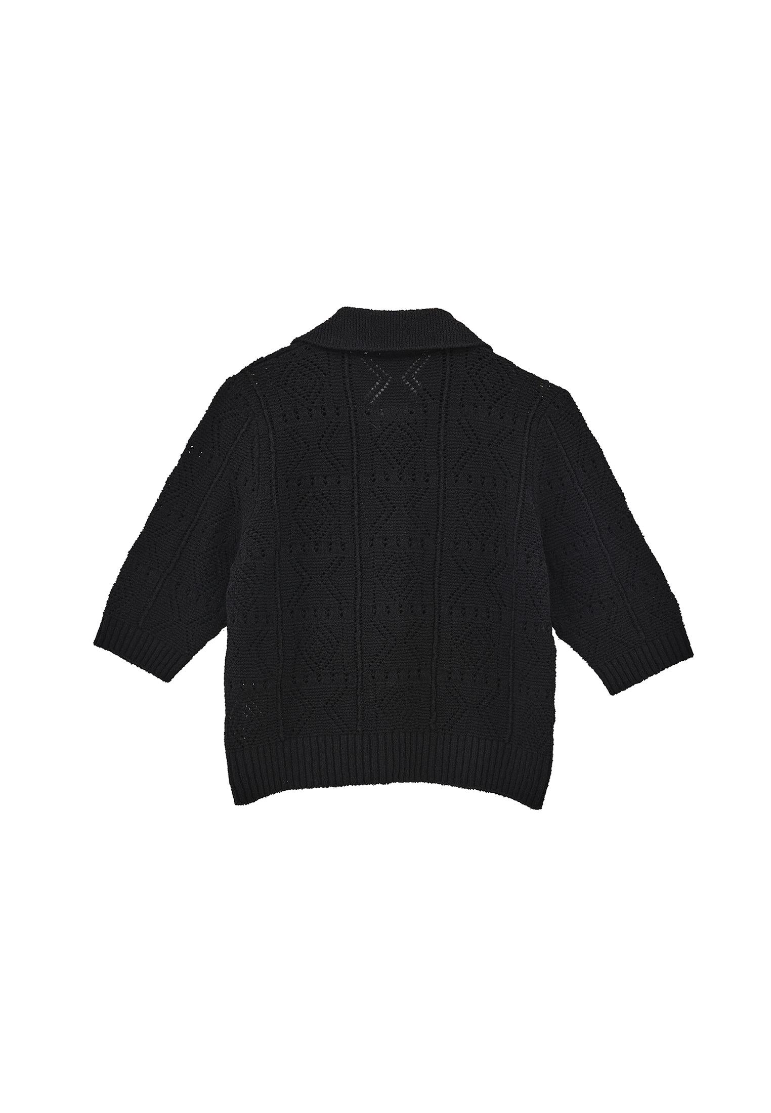 Ajour Short Cardigan With Polo Collar - BLACK