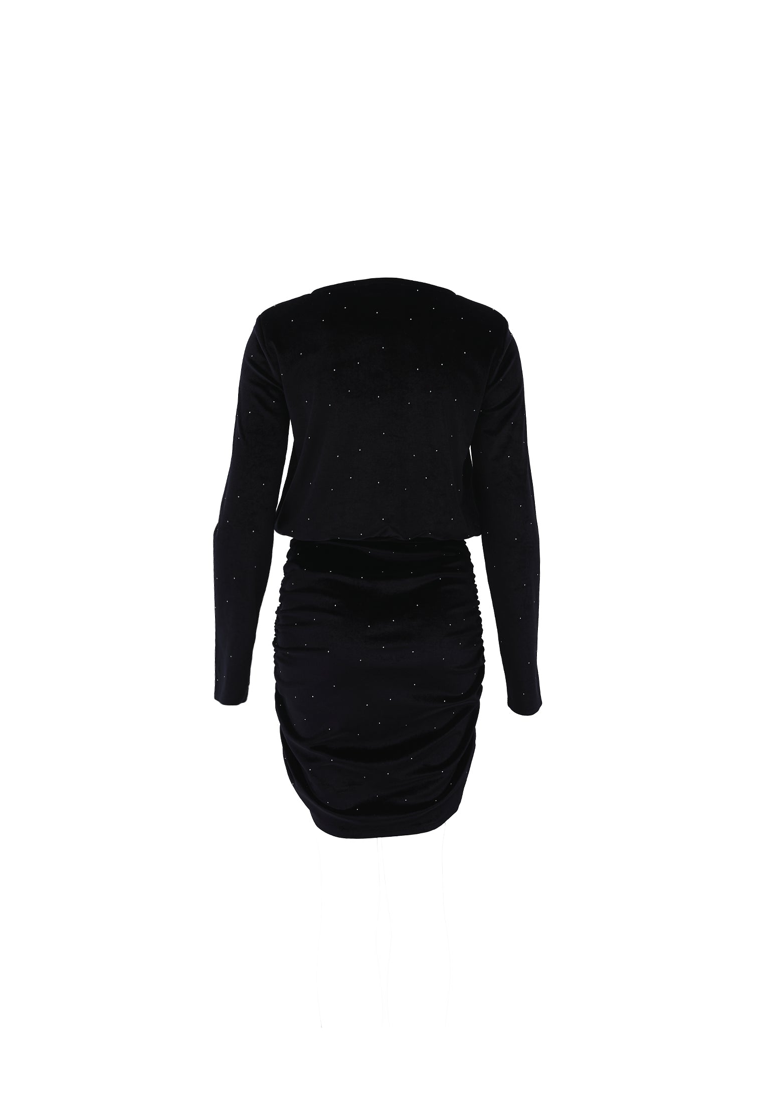 Short Dress With Ruched Crew Neck - BLACK