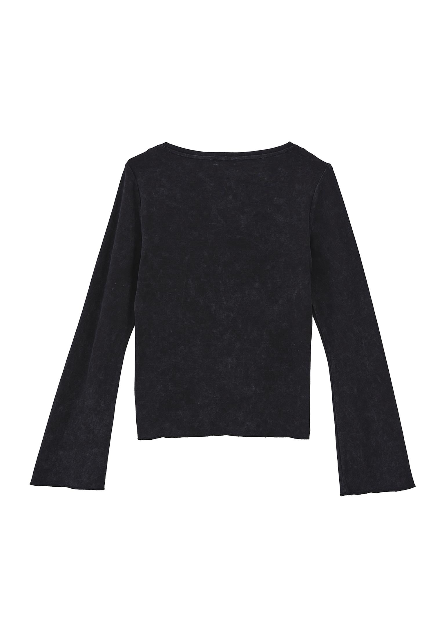 Boat Neck Long Sleeve Flared Sleeve T-Shirt - BLACK
