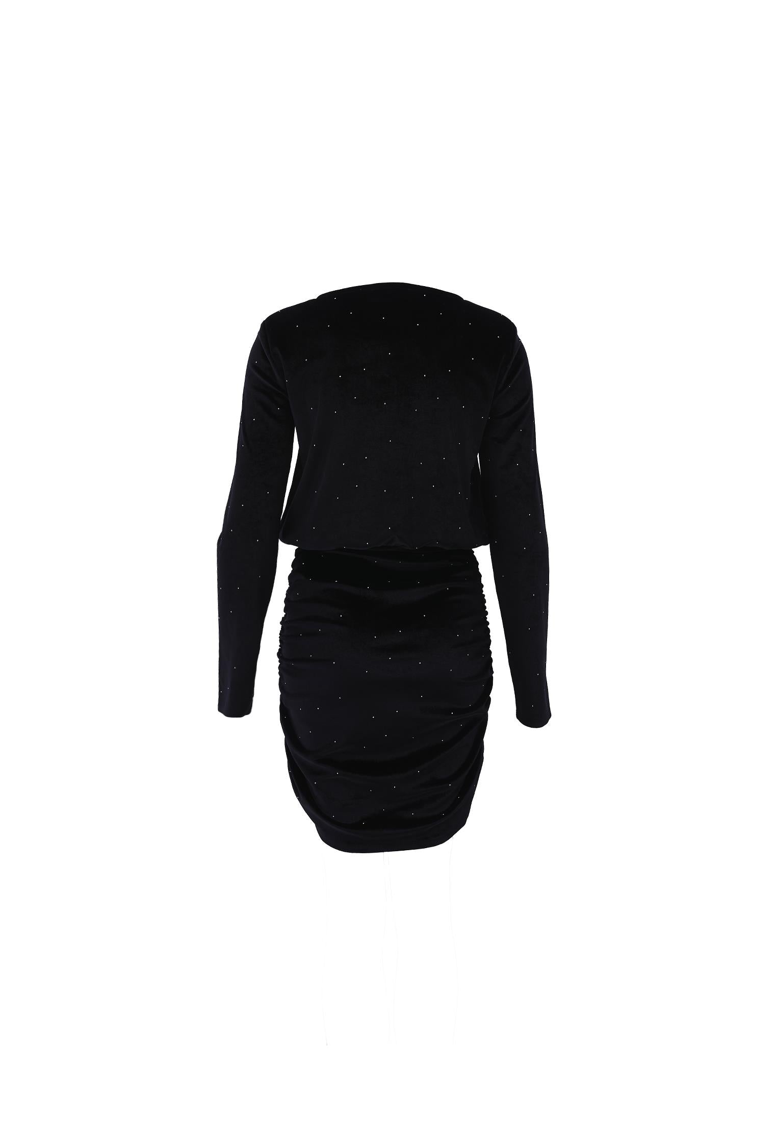 Short Dress With Ruched Crew Neck - BLACK