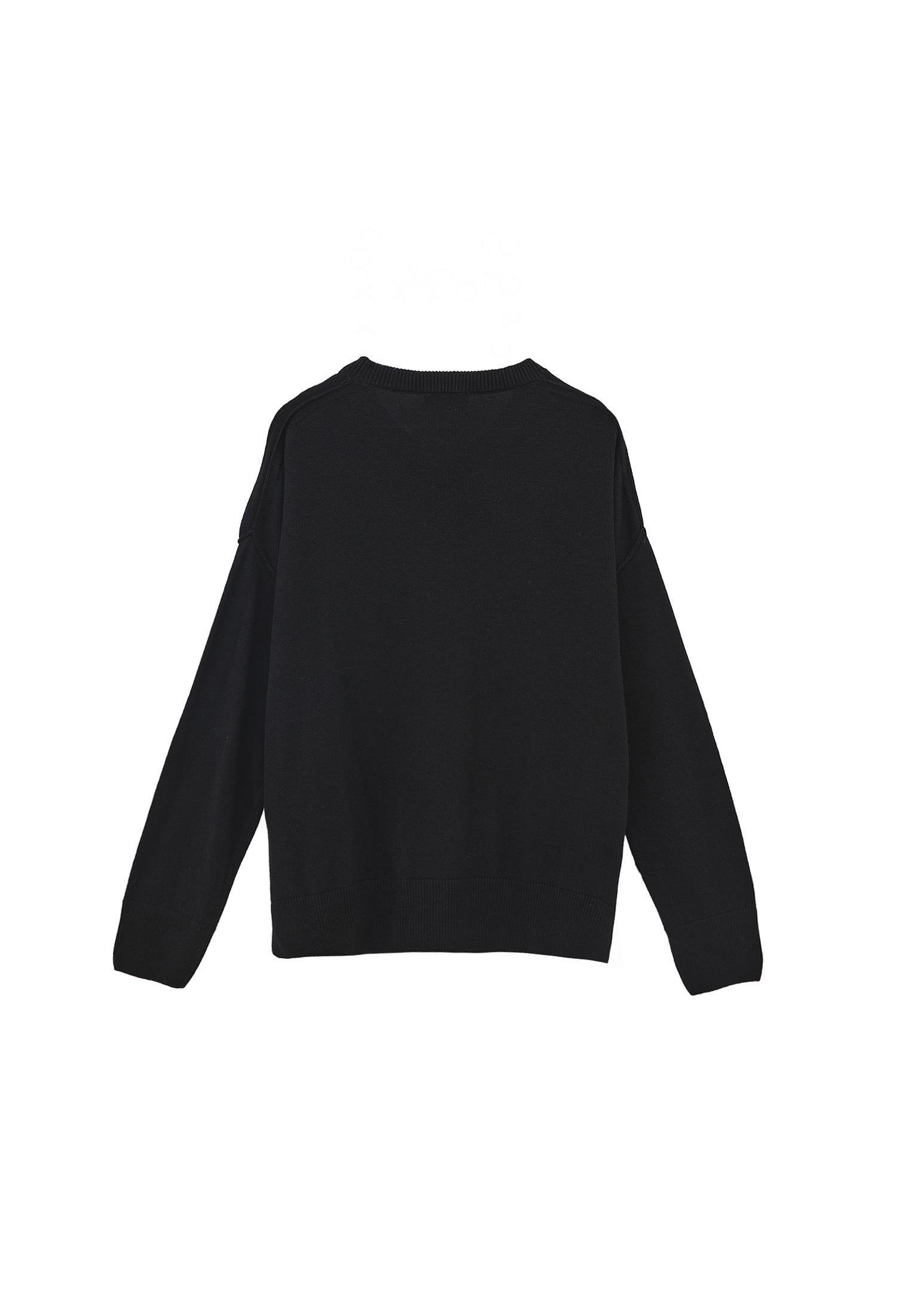 Long Sleeve Crew Neck Women's Knit Sweater - BLACK