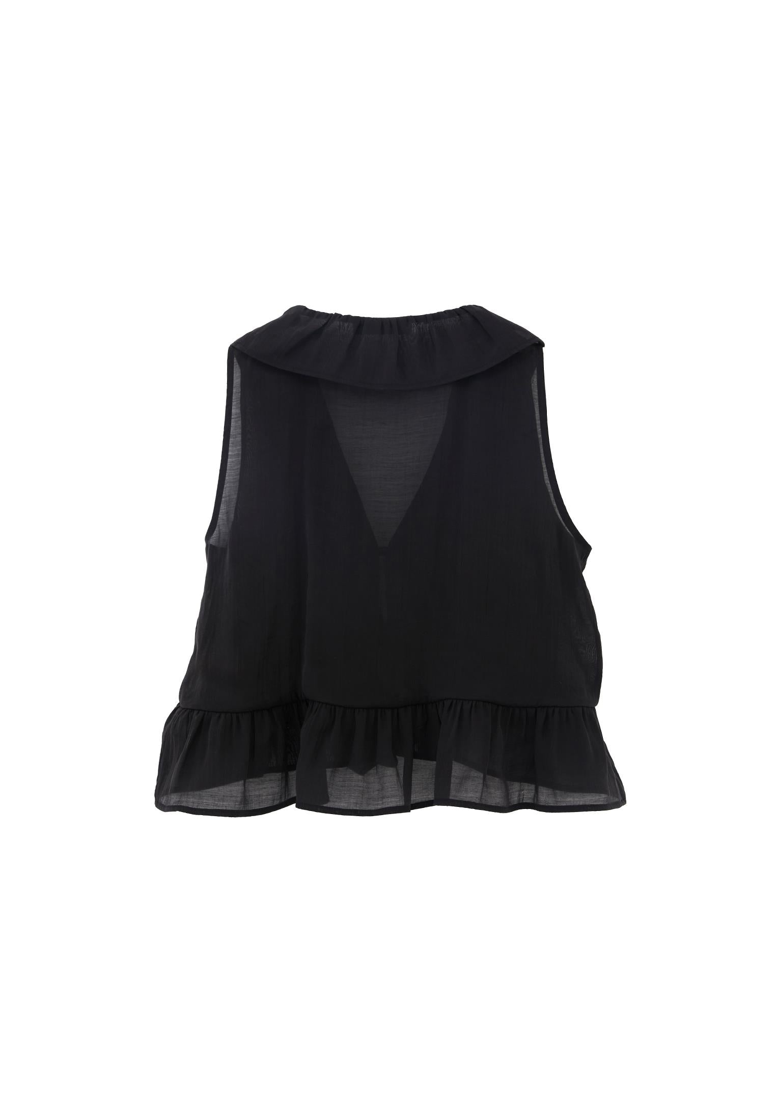 Sleeveless Blouse With Ruffle Detail And V Neck - BLACK