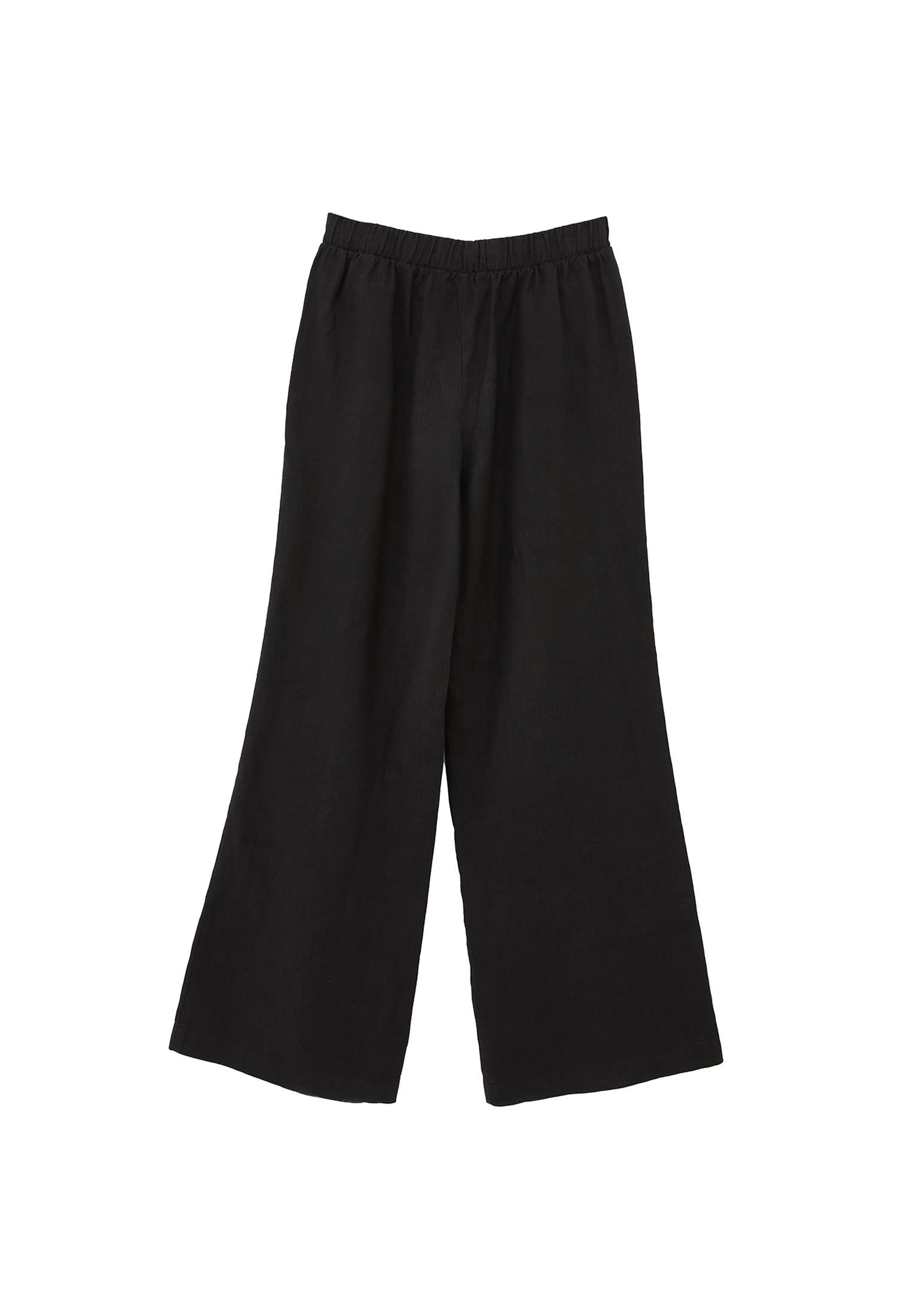 High Waist Belted Linen Wide Leg Pants - BLACK