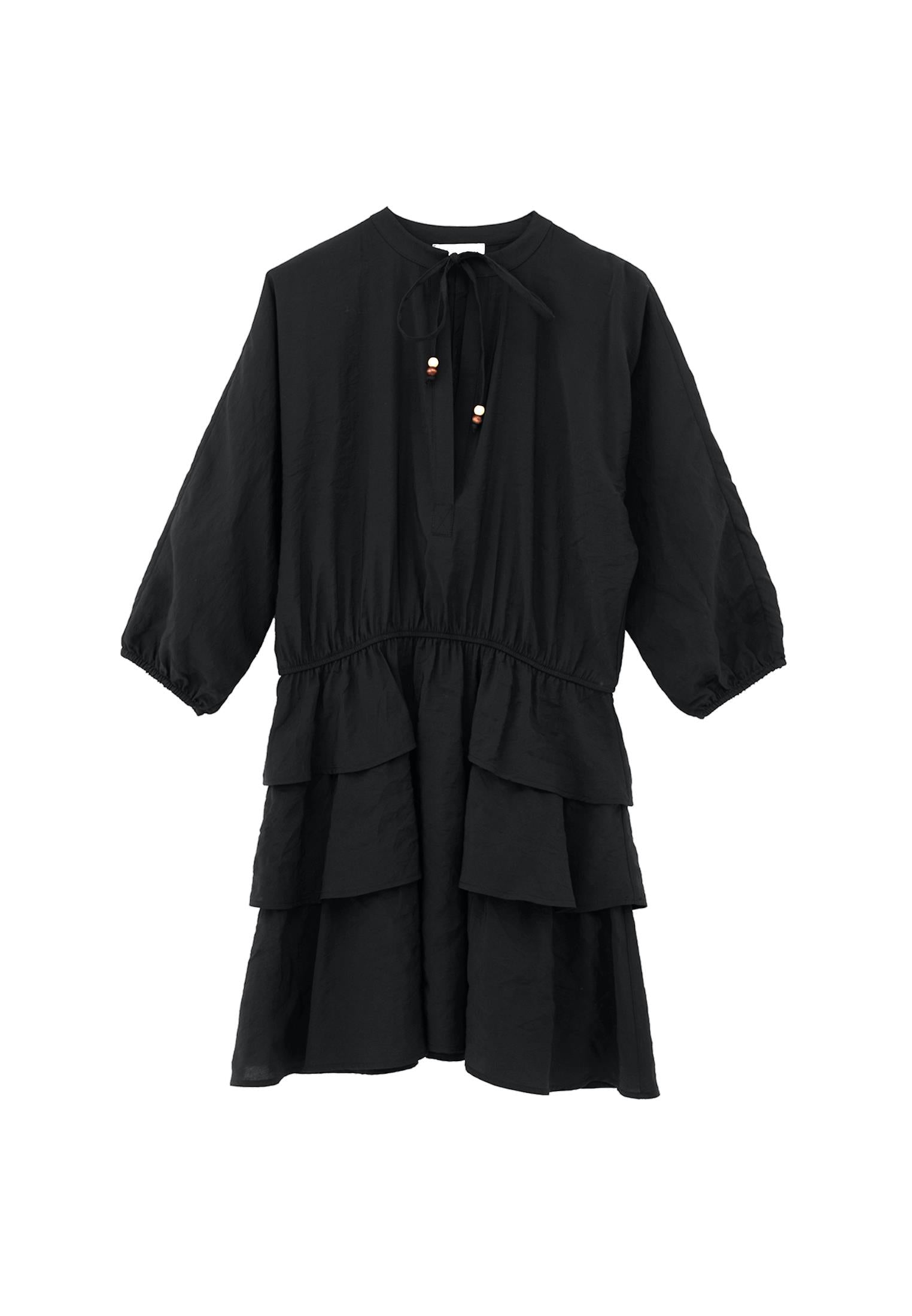 Draped V Neck Dress - BLACK