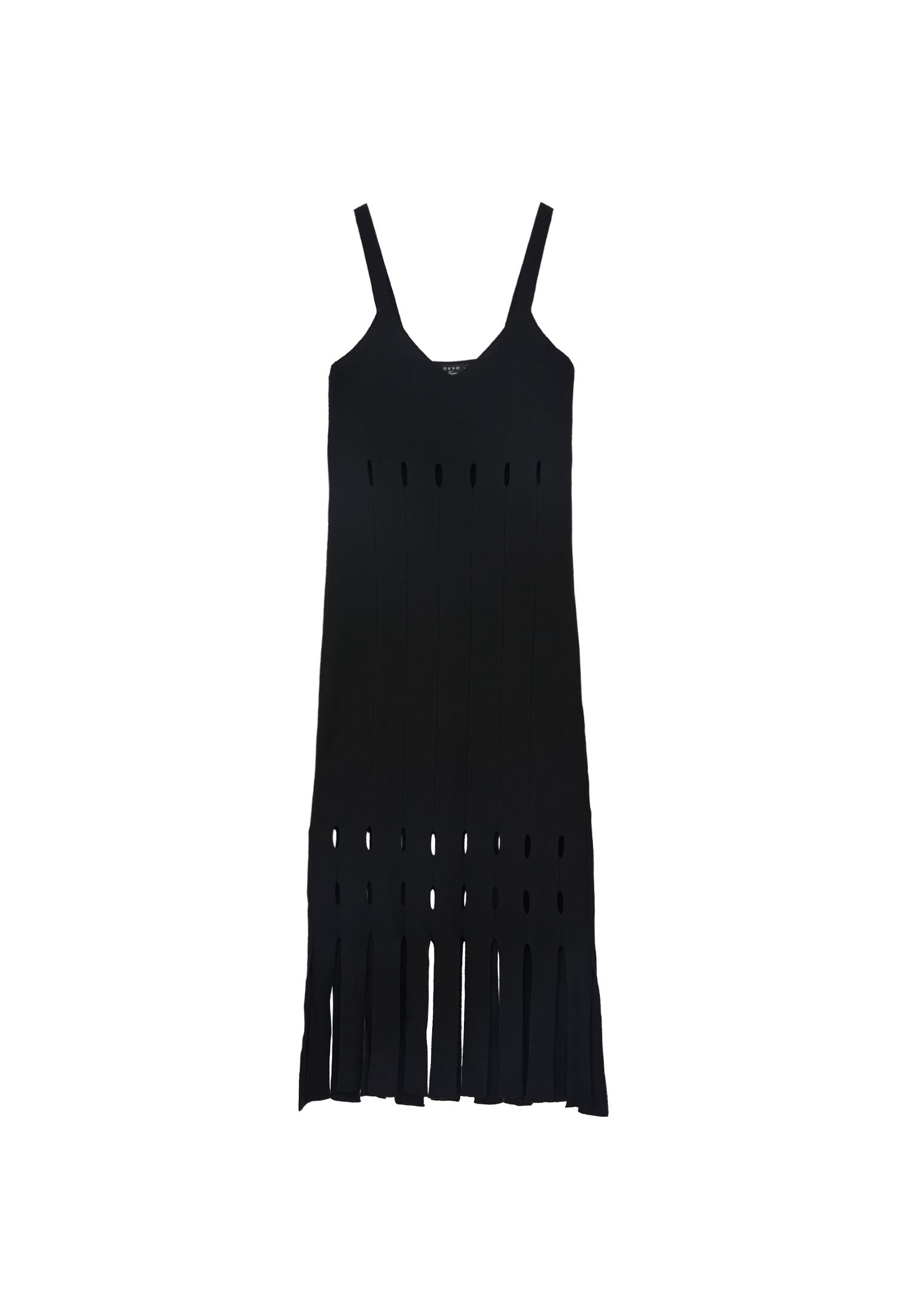 Long Dress With Ajour Straps - BLACK