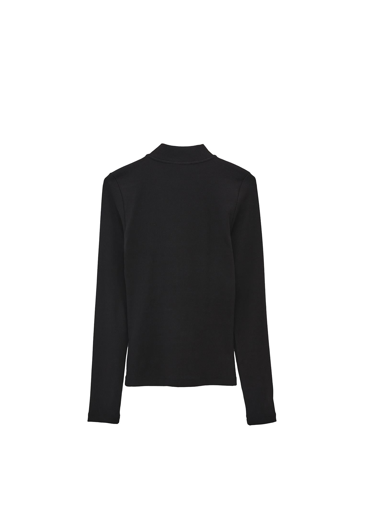 High Neck T-Shirt With Zipper Detail - BLACK