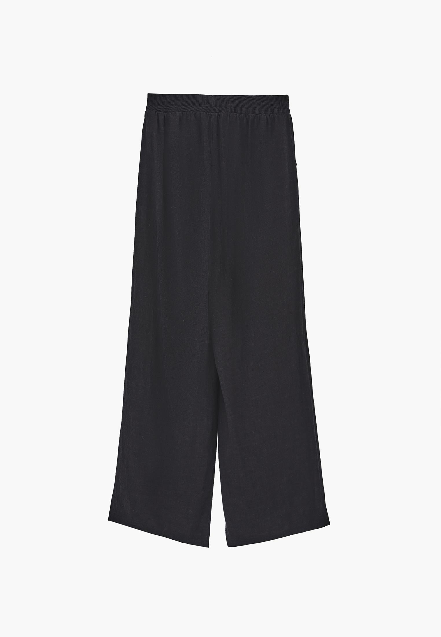 Wide Leg Pants With Elastic Waist - BLACK