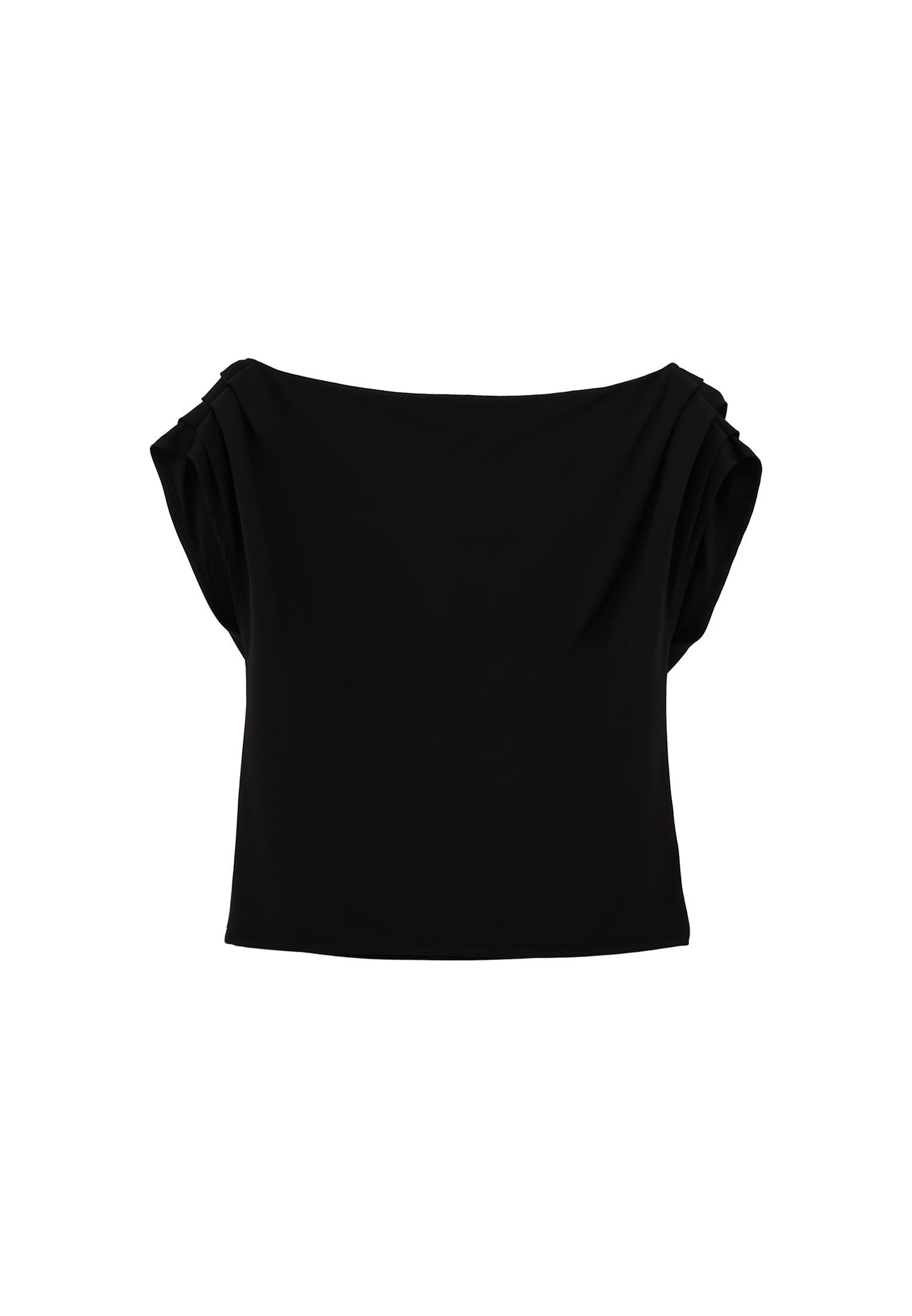 Boat Neck Short Sleeve Blouse - BLACK