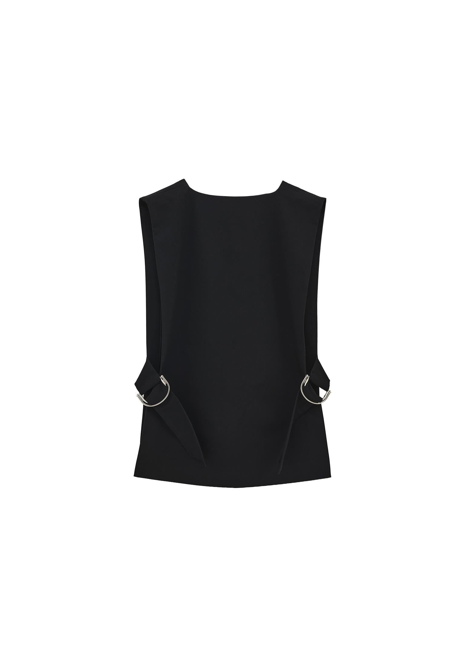 Vest With Buckle Detail V Neck - BLACK