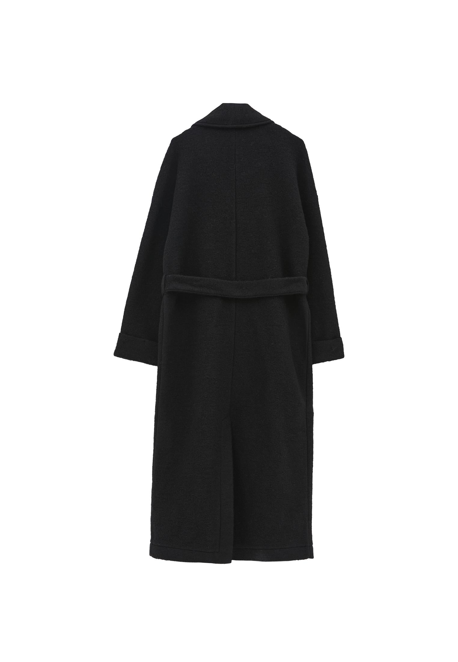 Long Coat With Shawl Collar And Belt Detail - BLACK