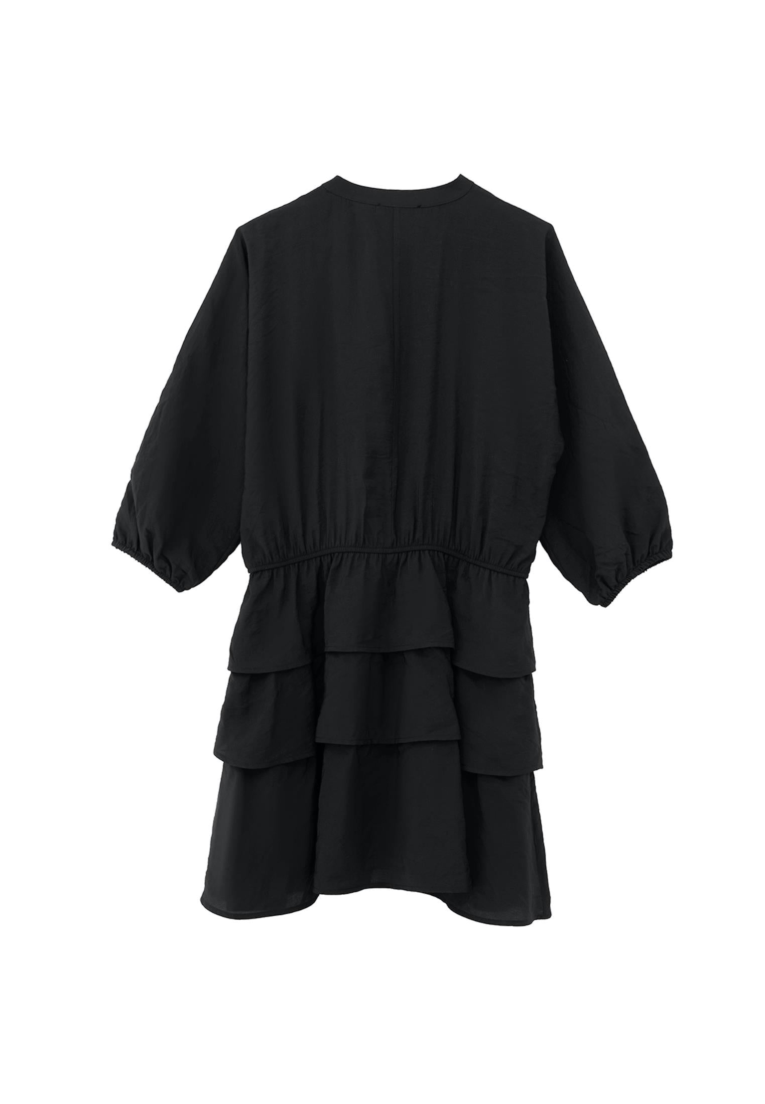 Draped V Neck Dress - BLACK
