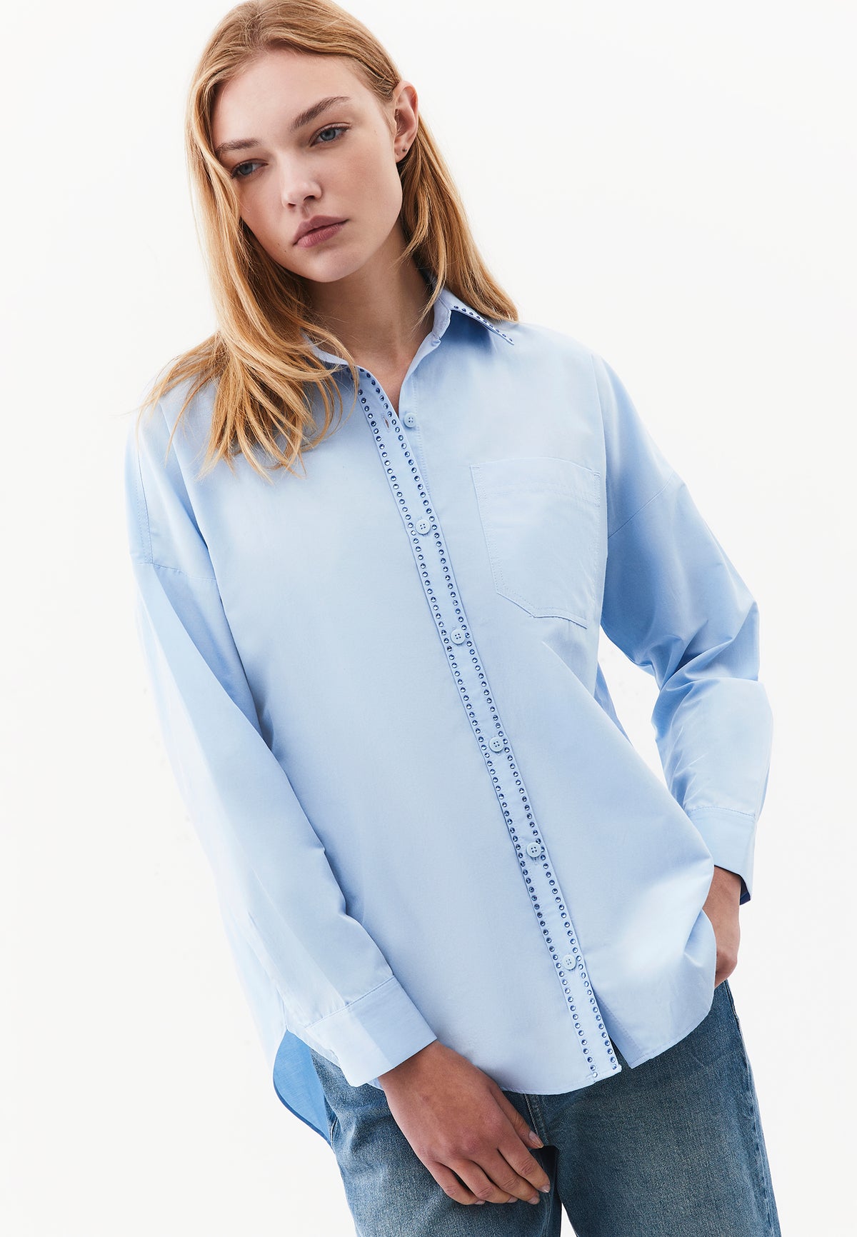 Oversize Shirt with Stone Embellishments and Long Sleeves - BLUE BELL