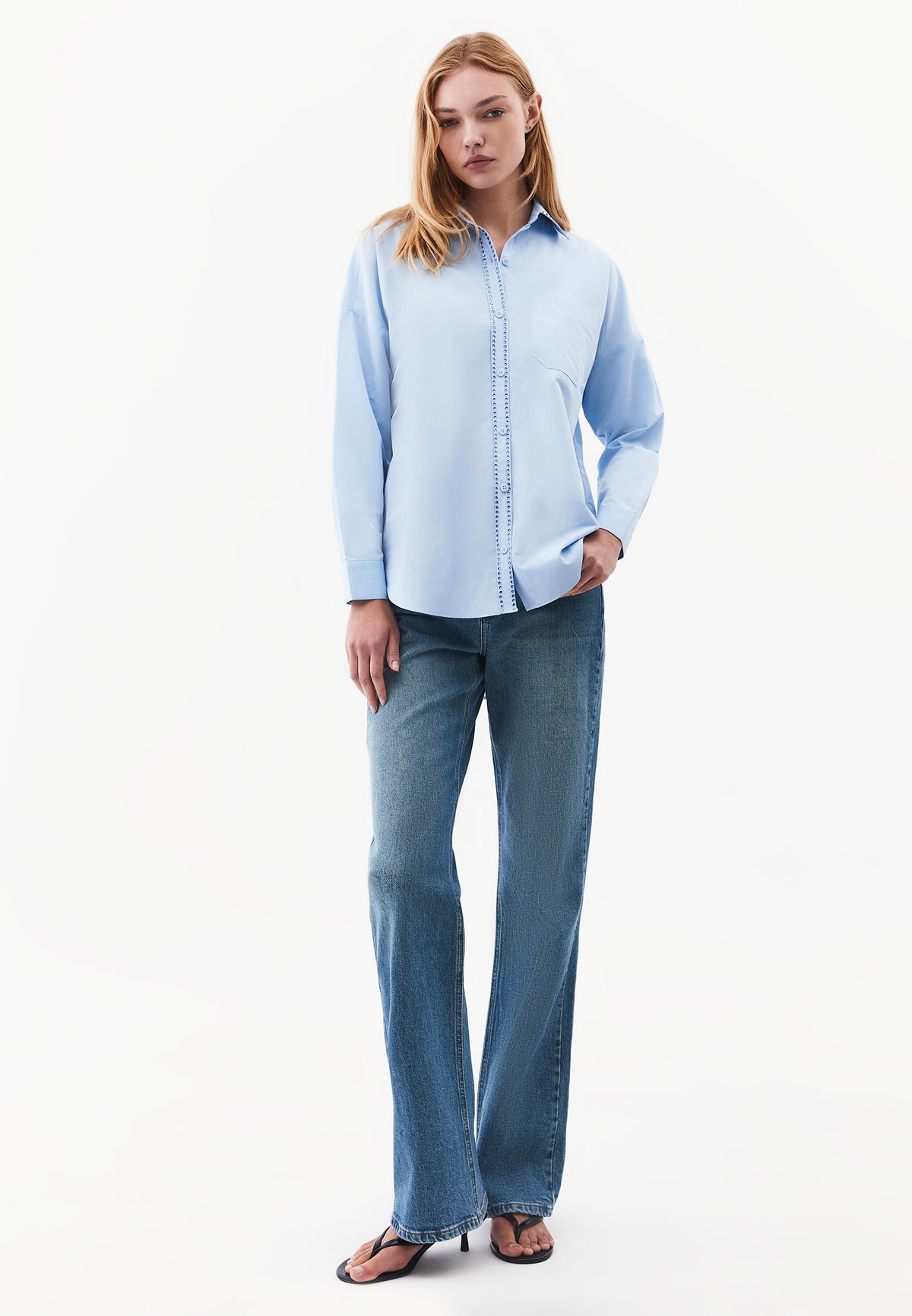 Oversize Shirt with Stone Embellishments and Long Sleeves - BLUE BELL