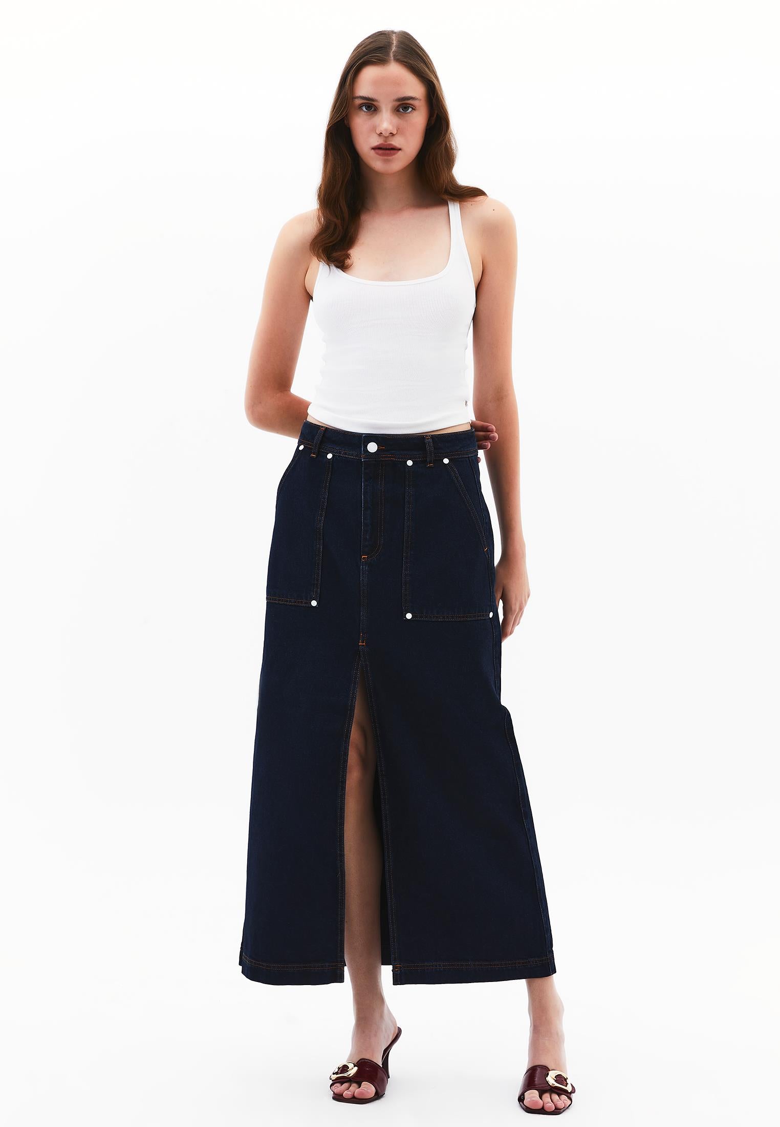 Cotton Long High Waist Skirt - BLUE BLACK DENIM
