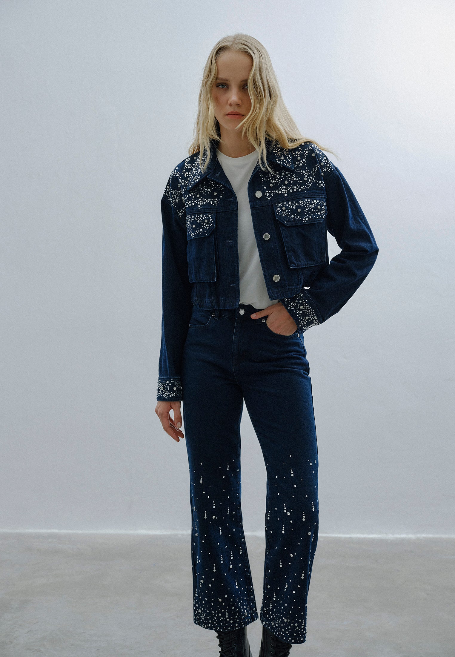 Stone Embellished Jean Jacket - BLUE BLACK DENIM