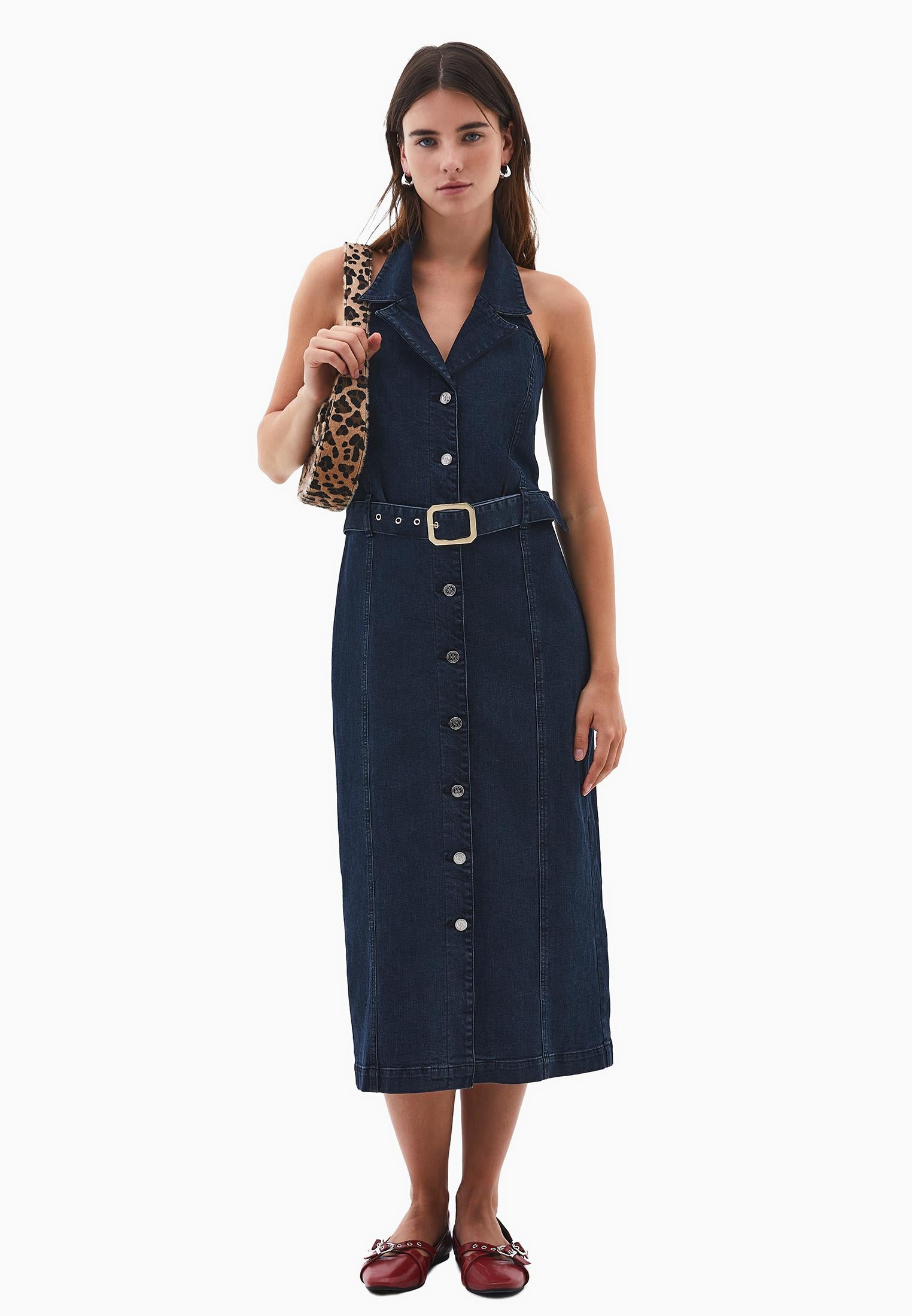 V Neck Belted Buttoned Long Dress - BLUE BLACK DENIM