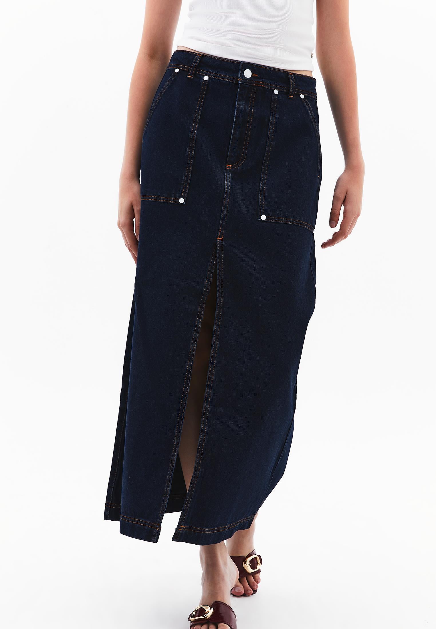 Cotton Long High Waist Skirt - BLUE BLACK DENIM