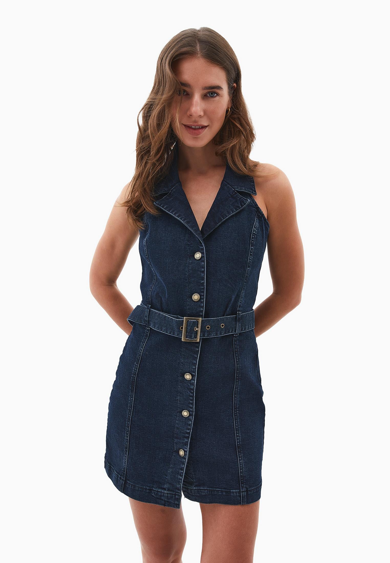 Short Dress With Belt Detail - BLUE BLACK DENIM