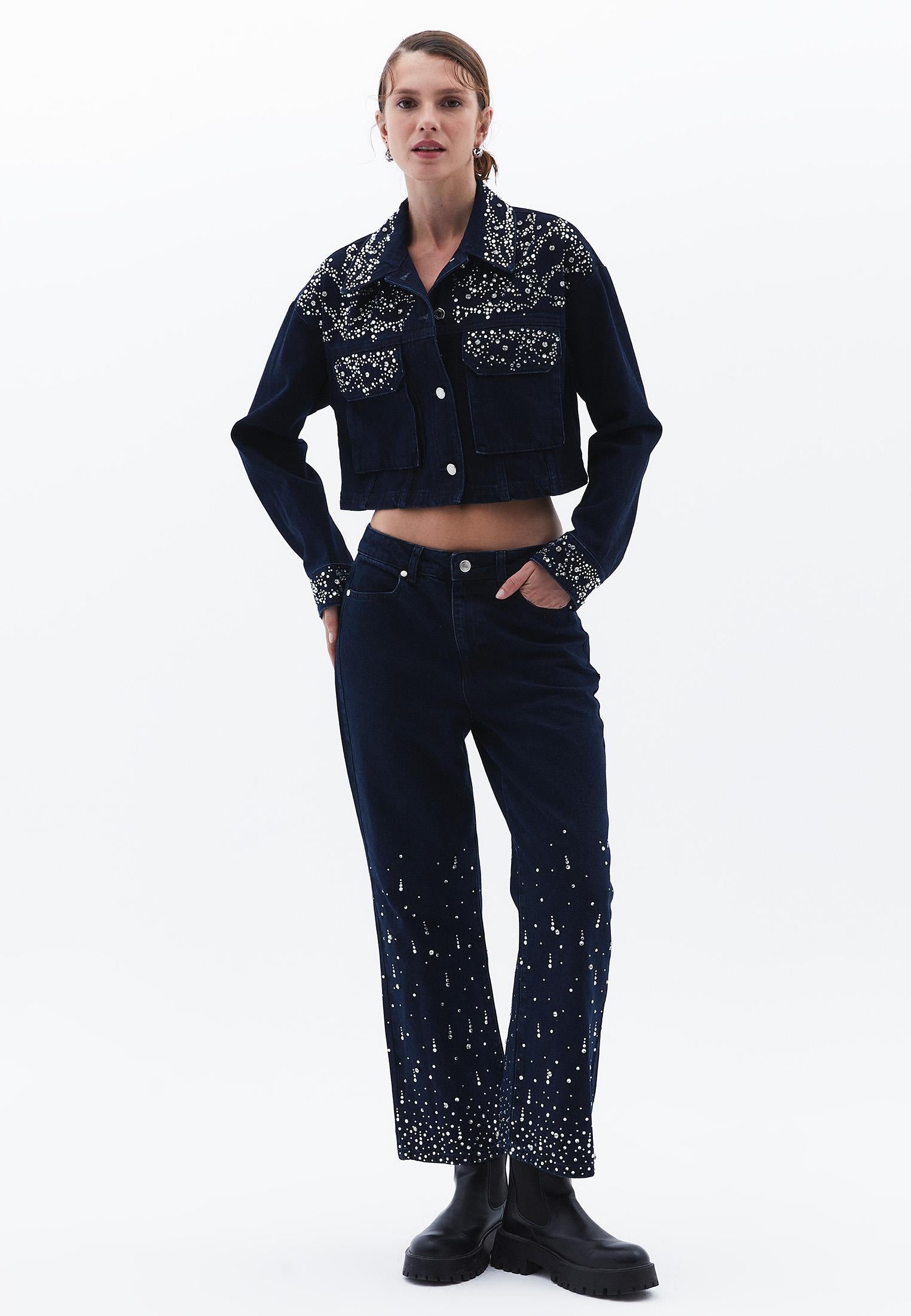 High Waist Stone Detailed Cropped Flare Pants - BLUE BLACK DENIM