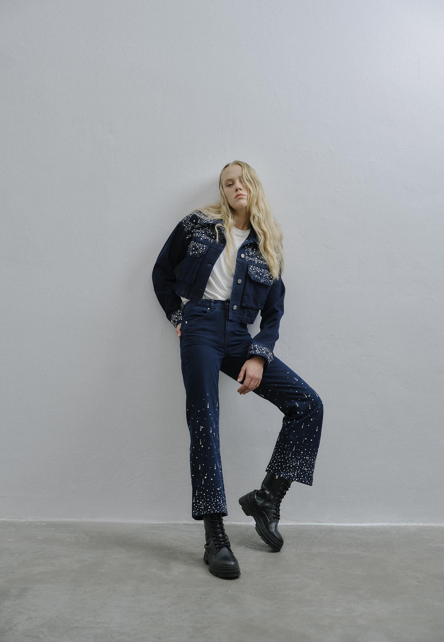 Stone Embellished Jean Jacket - BLUE BLACK DENIM