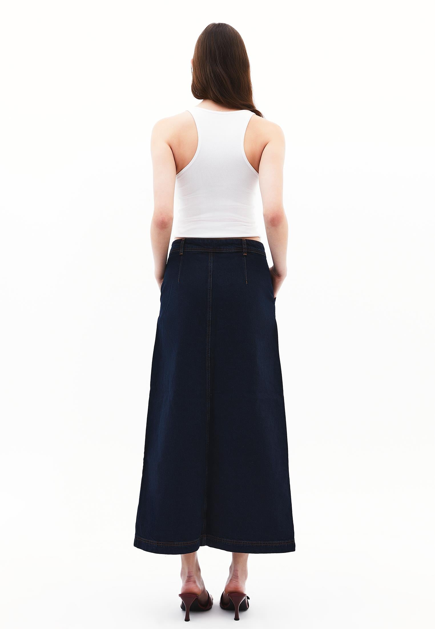 Cotton Long High Waist Skirt - BLUE BLACK DENIM