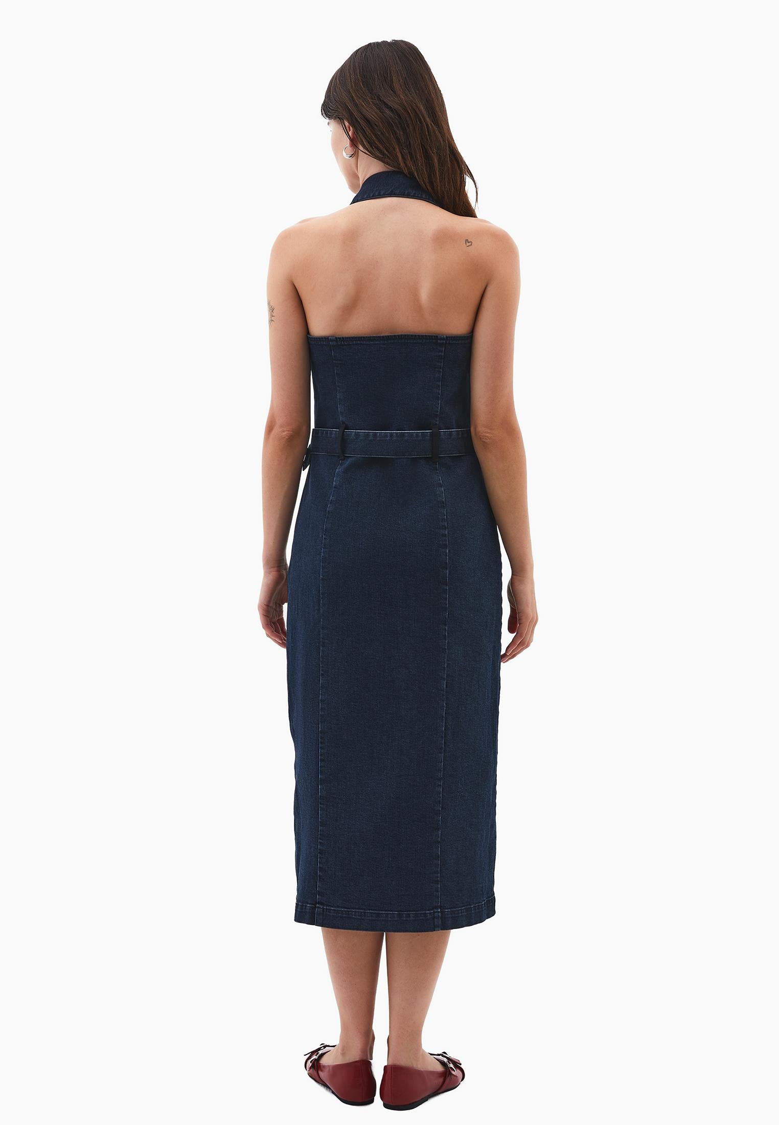 V Neck Belted Buttoned Long Dress - BLUE BLACK DENIM