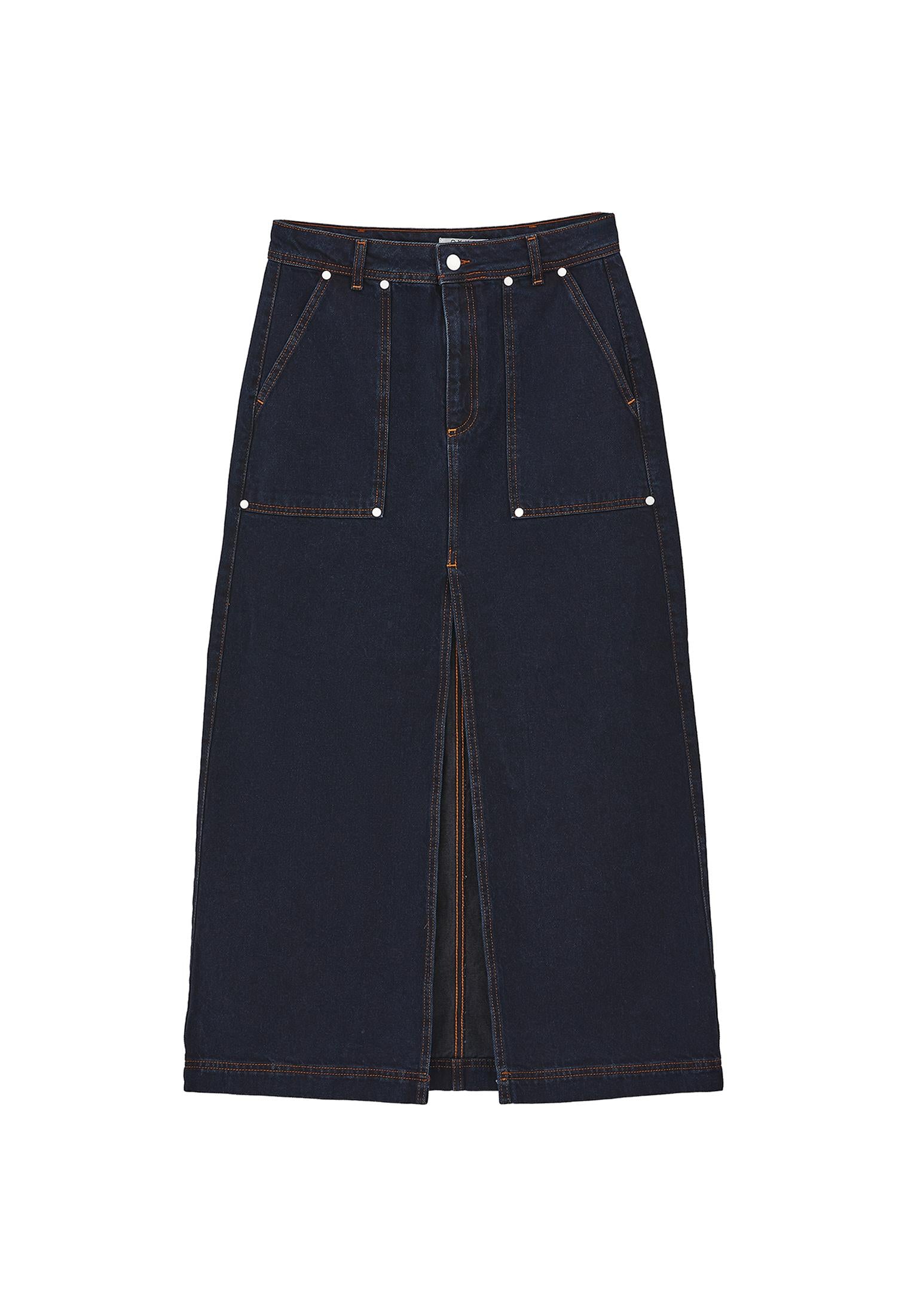 Cotton Long High Waist Skirt - BLUE BLACK DENIM