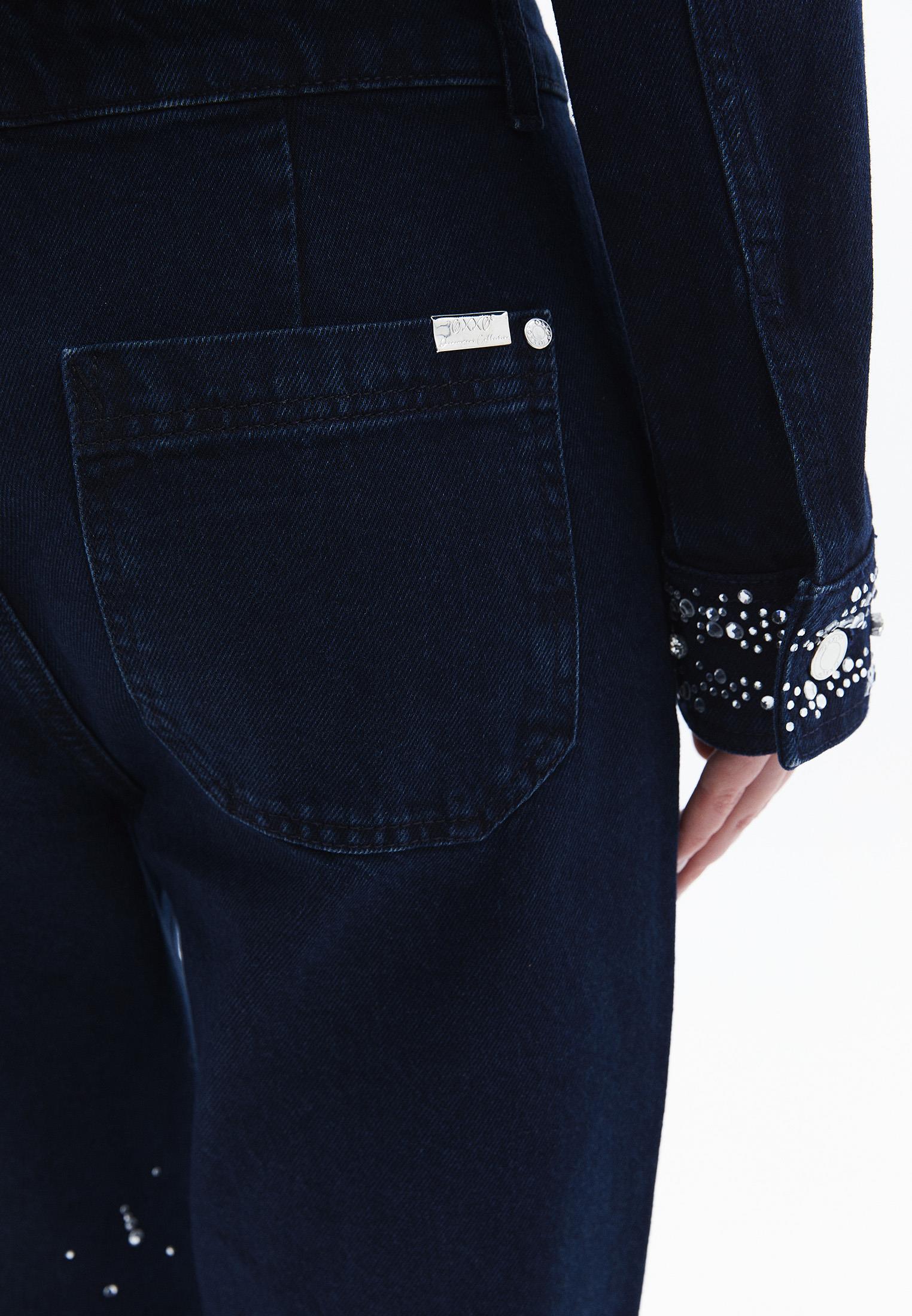 High Waist Stone Detailed Cropped Flare Pants - BLUE BLACK DENIM