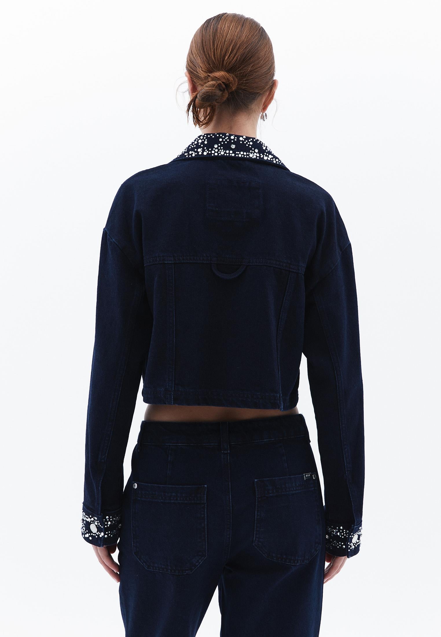Stone Embellished Jean Jacket - BLUE BLACK DENIM