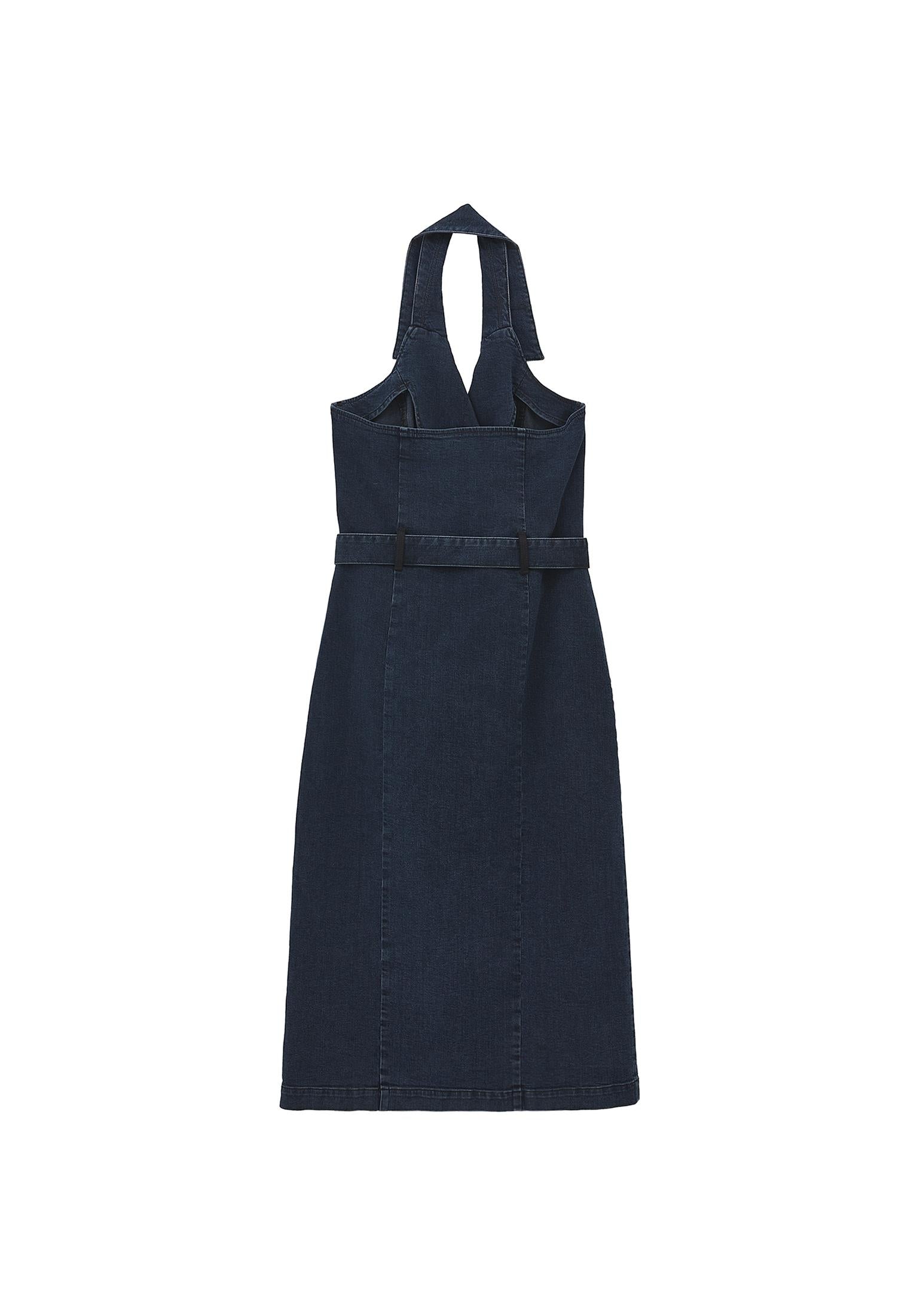 V Neck Belted Buttoned Long Dress - BLUE BLACK DENIM