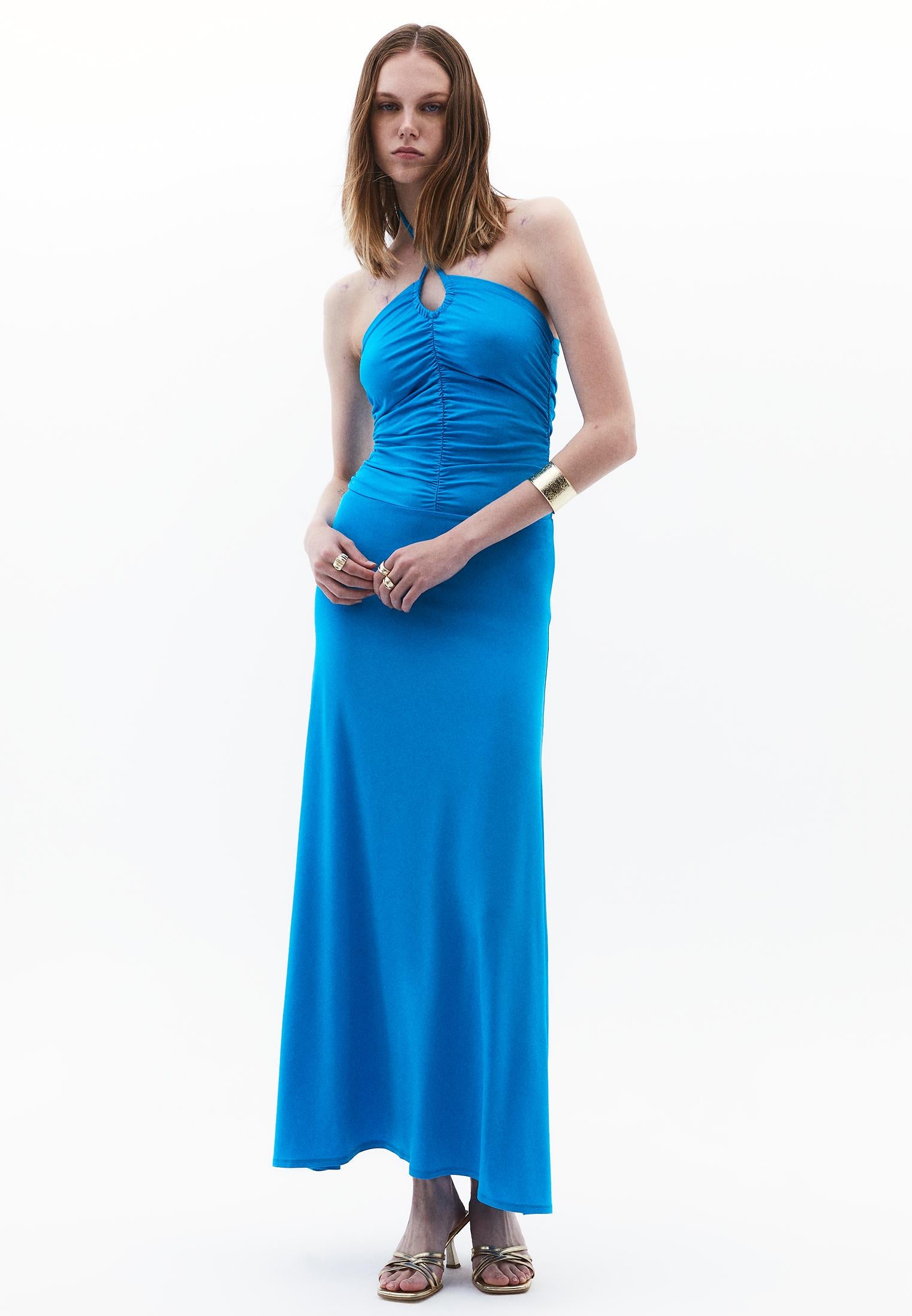 Halter Neck Beaded Long Flared Dress - BLUE DANUBE