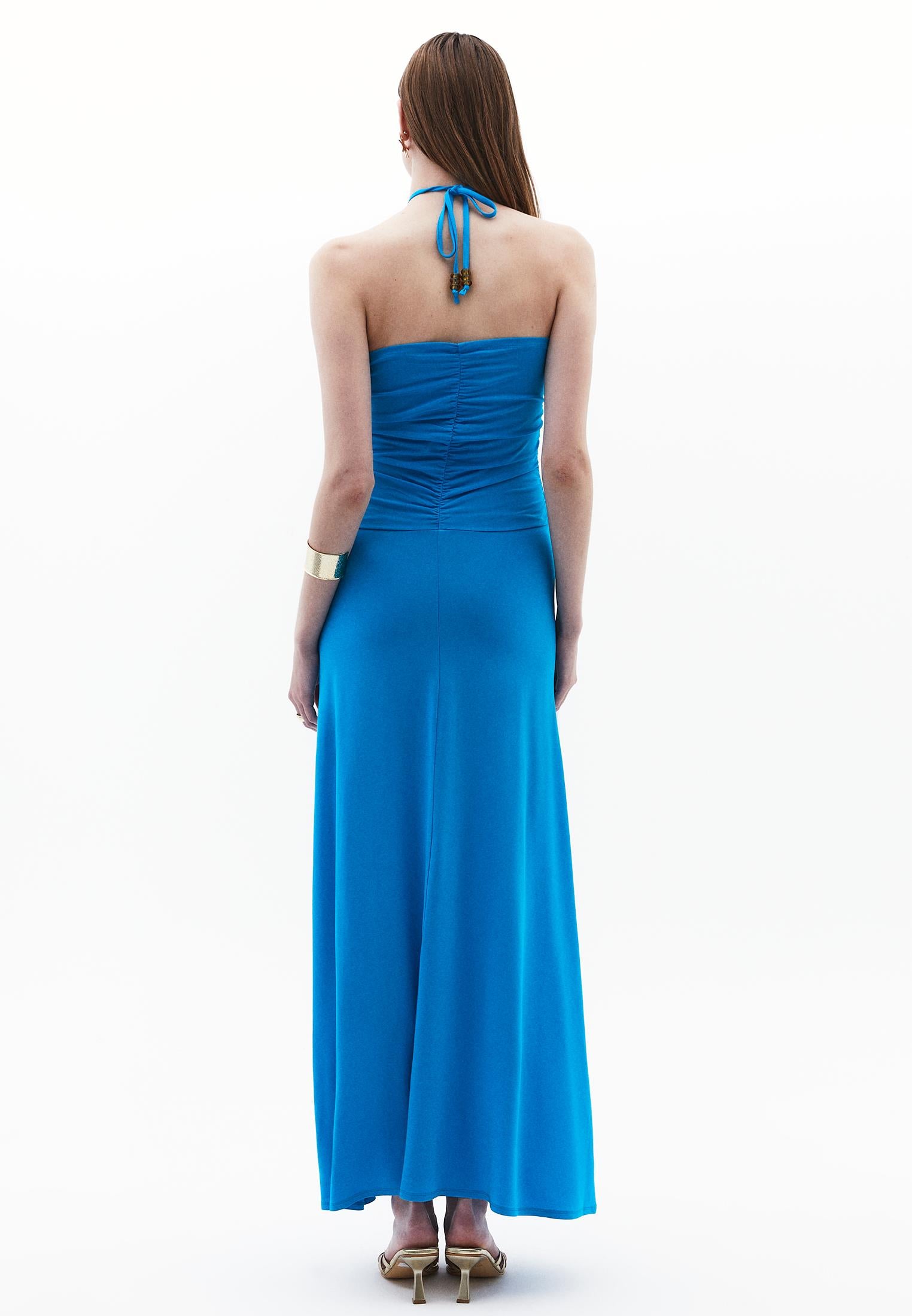 Halter Neck Beaded Long Flared Dress - BLUE DANUBE