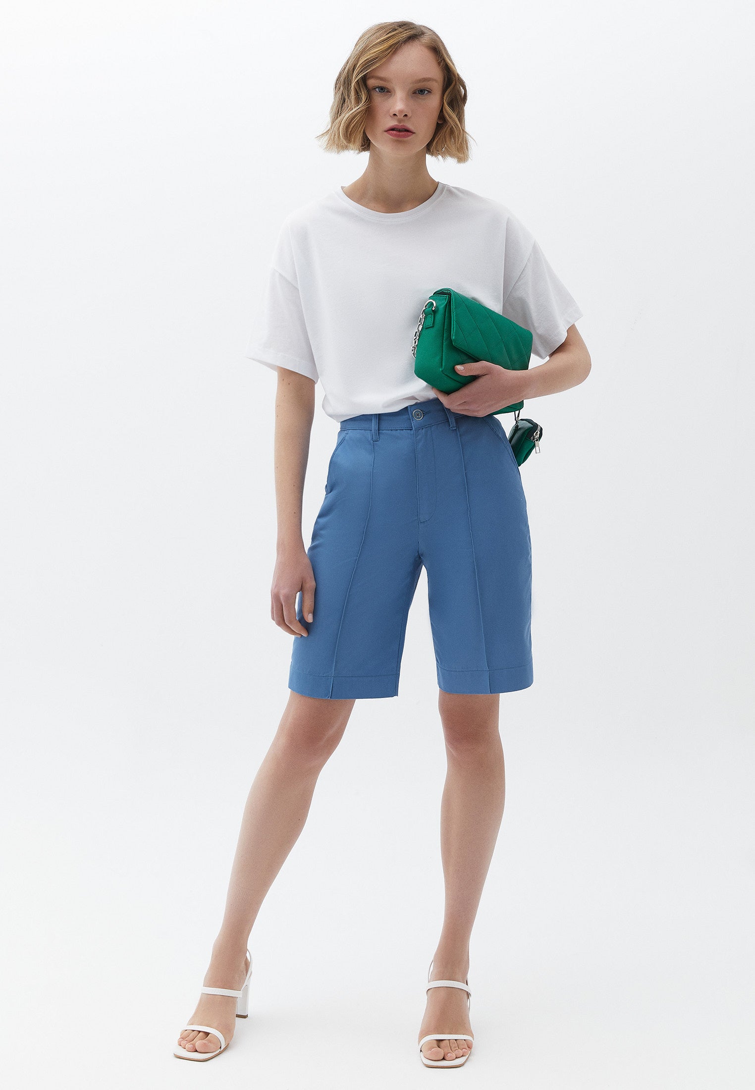 High Waist Straight Leg Shorts - BLUE HEAVEN