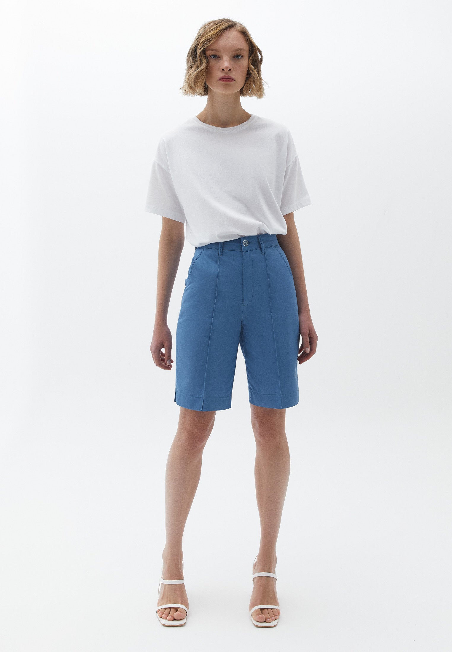 High Waist Straight Leg Shorts - BLUE HEAVEN