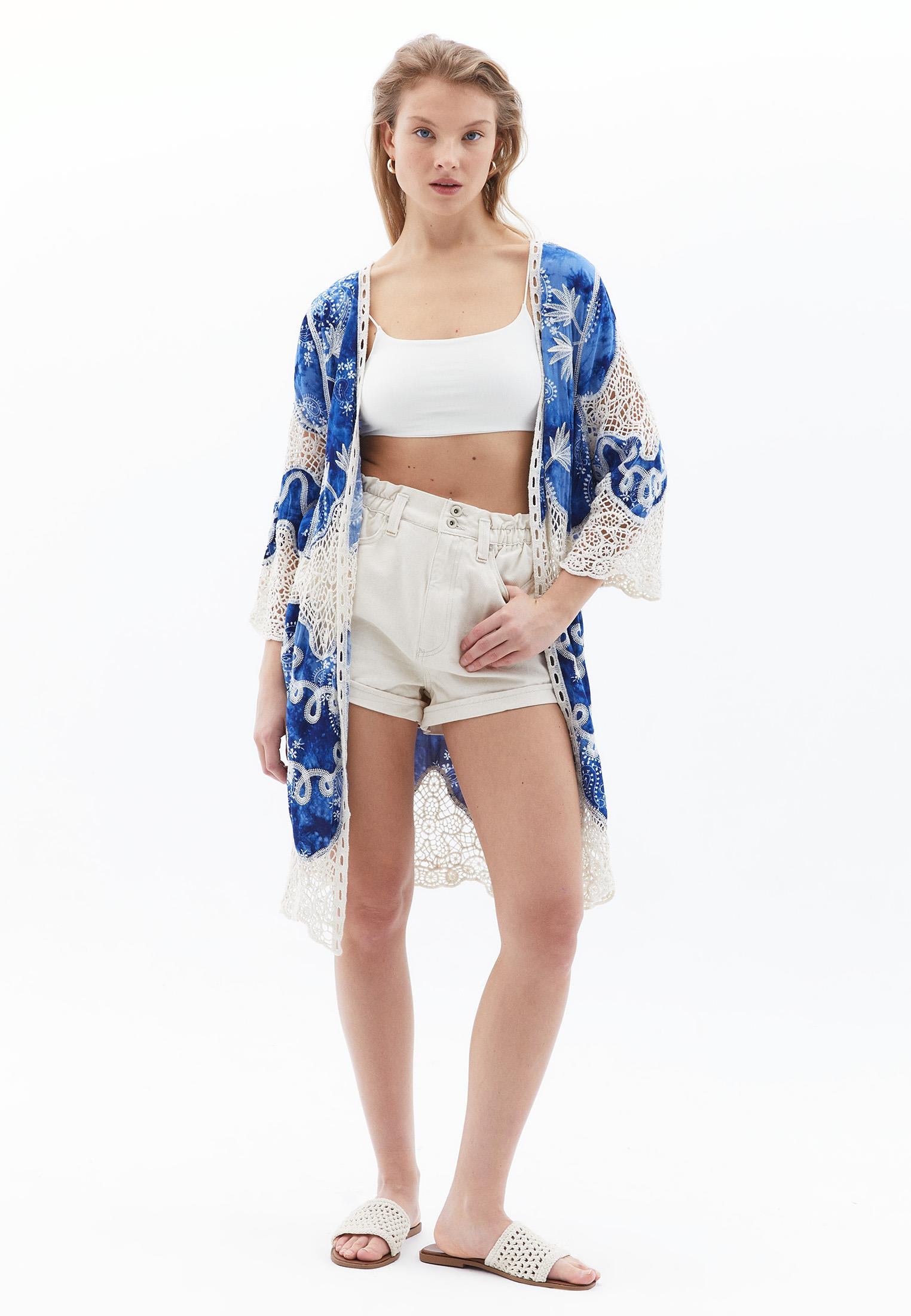 Long Loose Bohemian Style Kimono - BLUE MIX