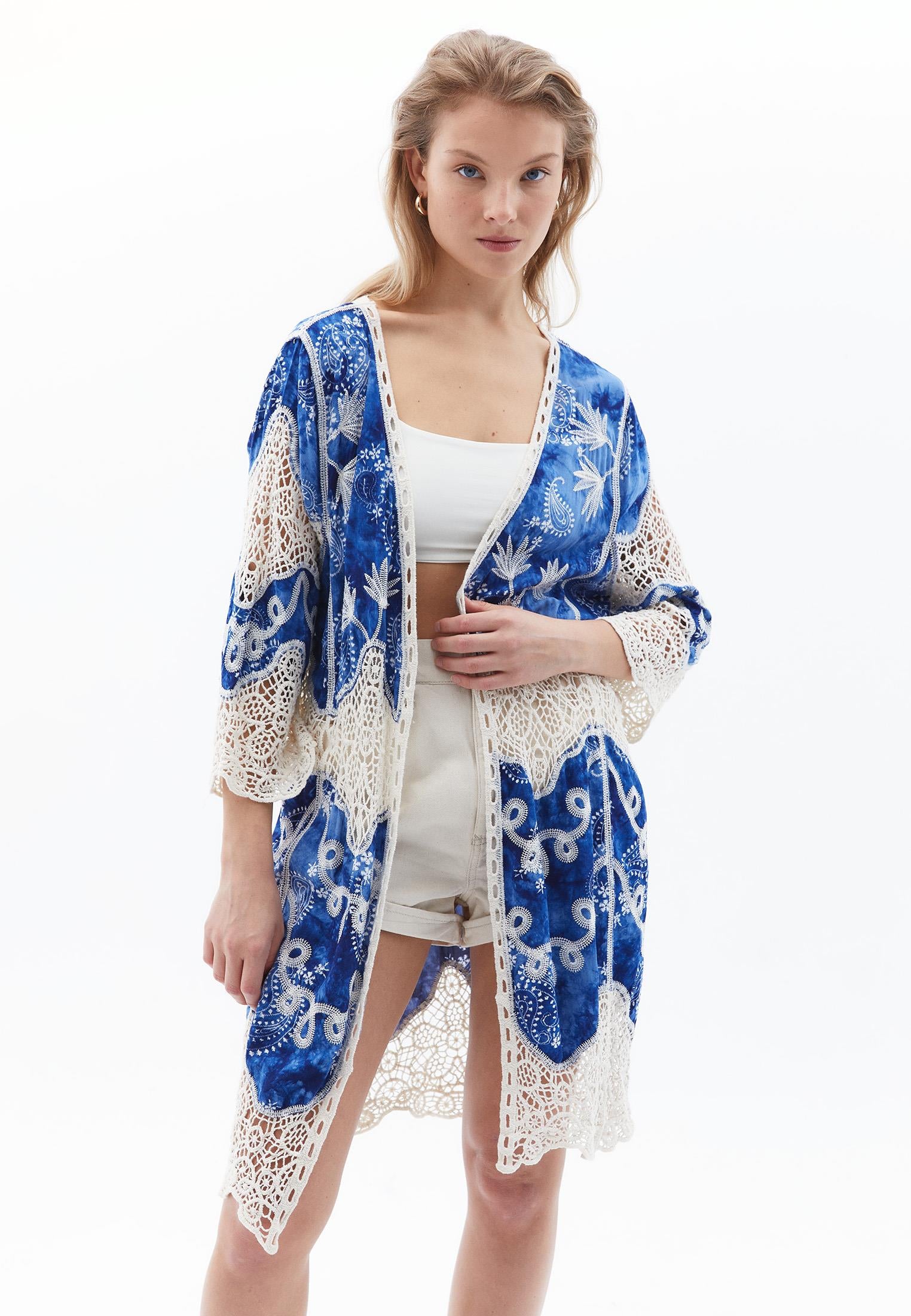Long Loose Bohemian Style Kimono - BLUE MIX