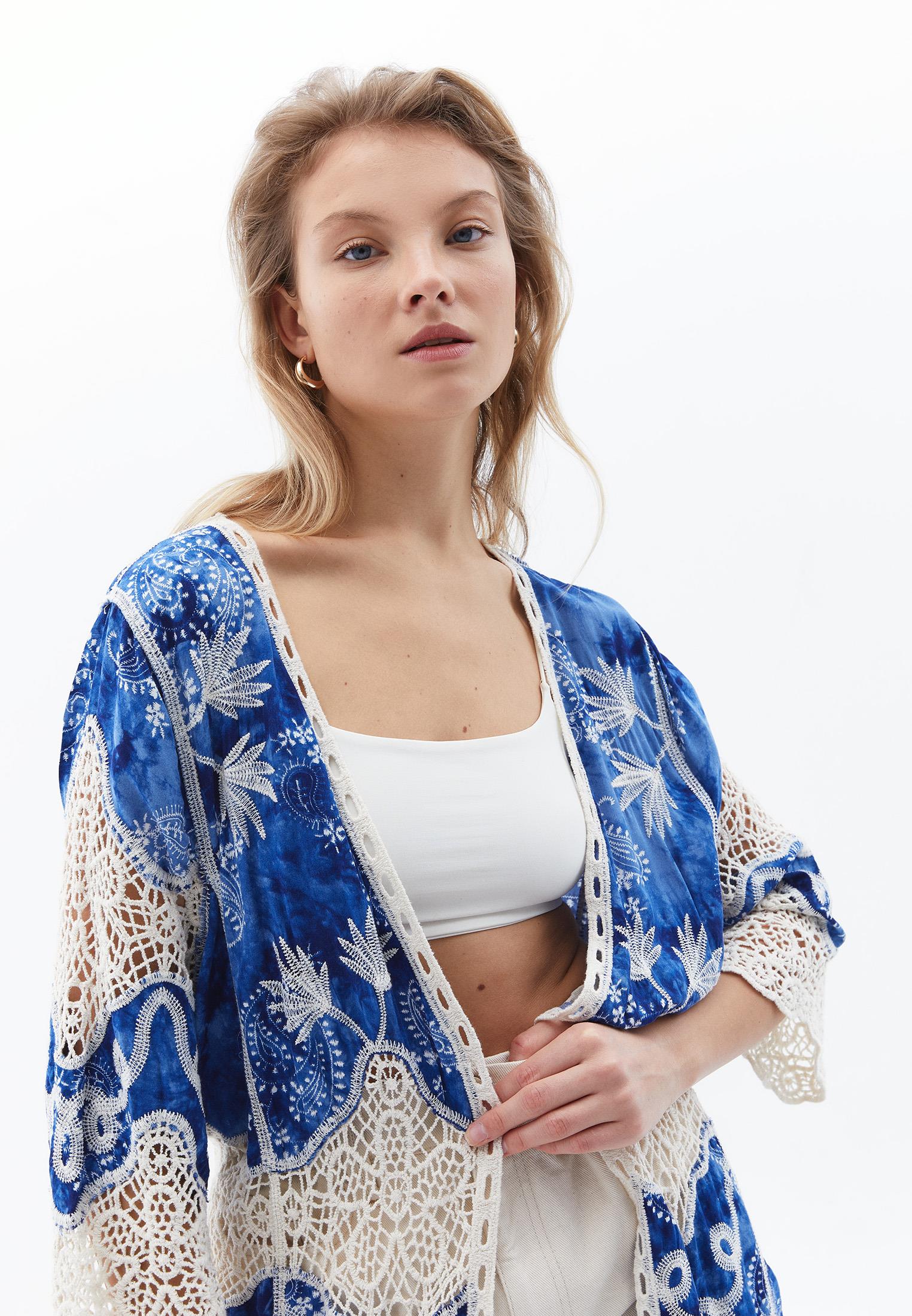 Long Loose Bohemian Style Kimono - BLUE MIX