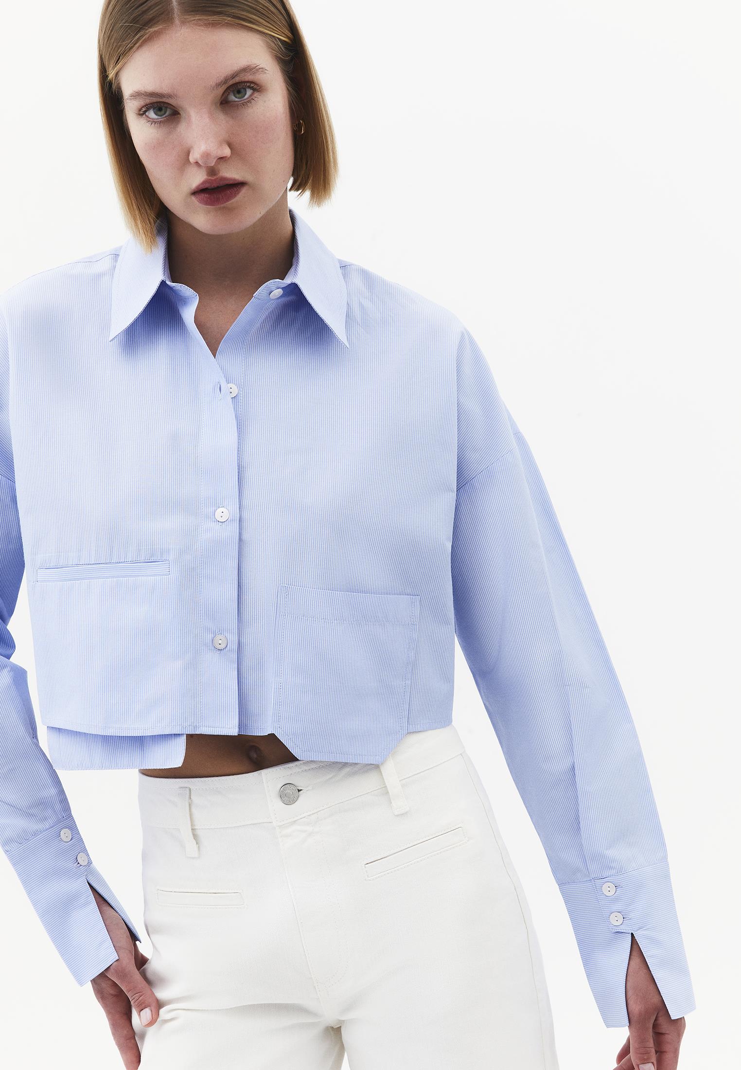 Shirt Collar Long Sleeve Crop Striped Shirt - BLUE STRIPE