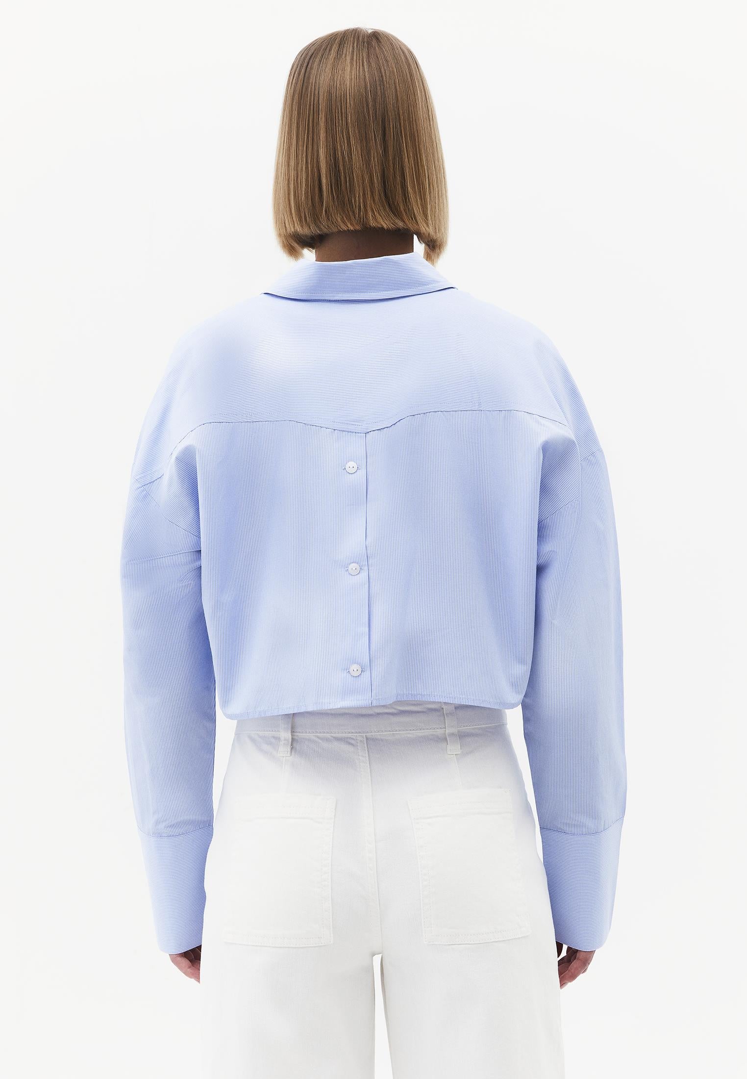Shirt Collar Long Sleeve Crop Striped Shirt - BLUE STRIPE