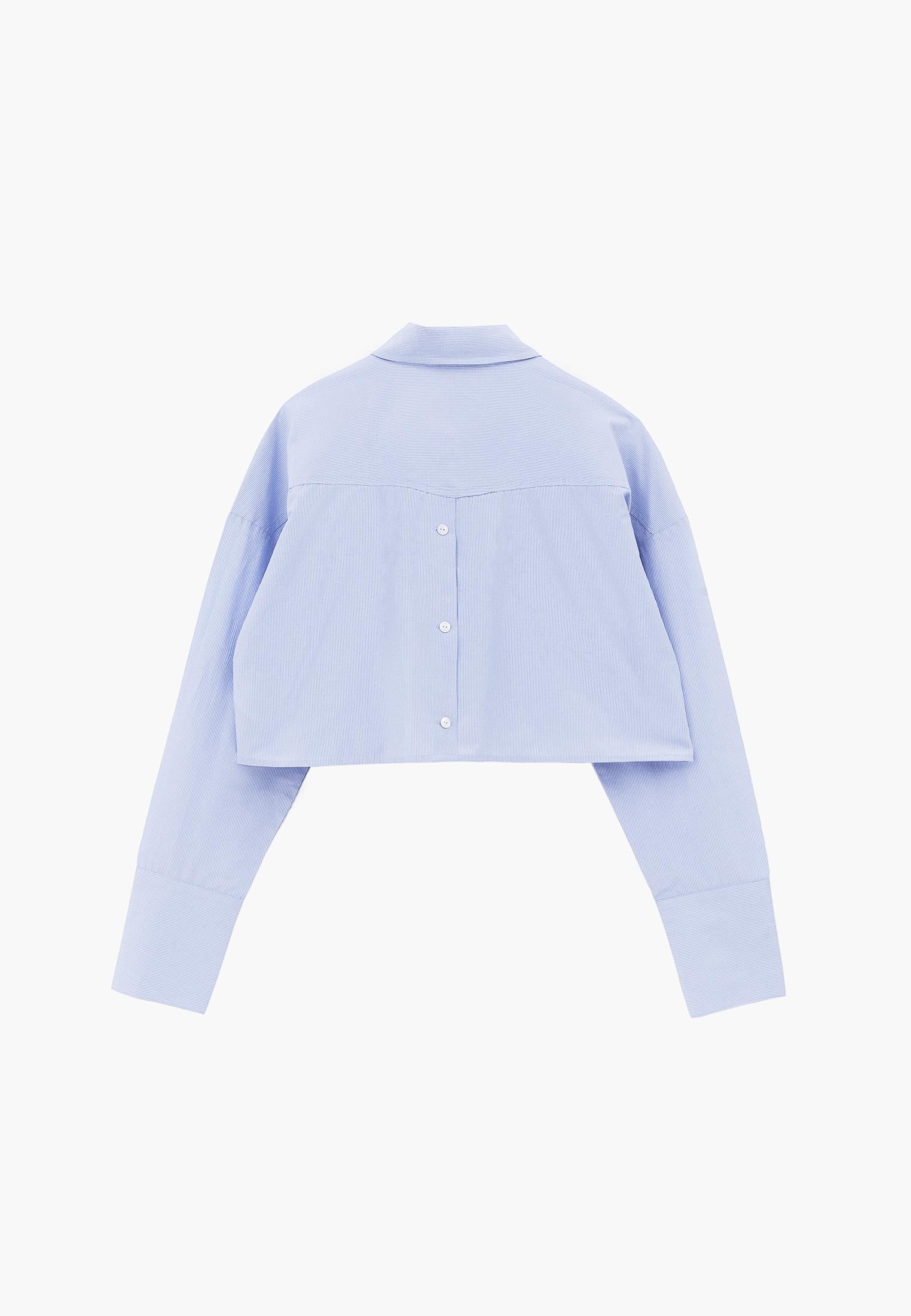 Shirt Collar Long Sleeve Crop Striped Shirt - BLUE STRIPE